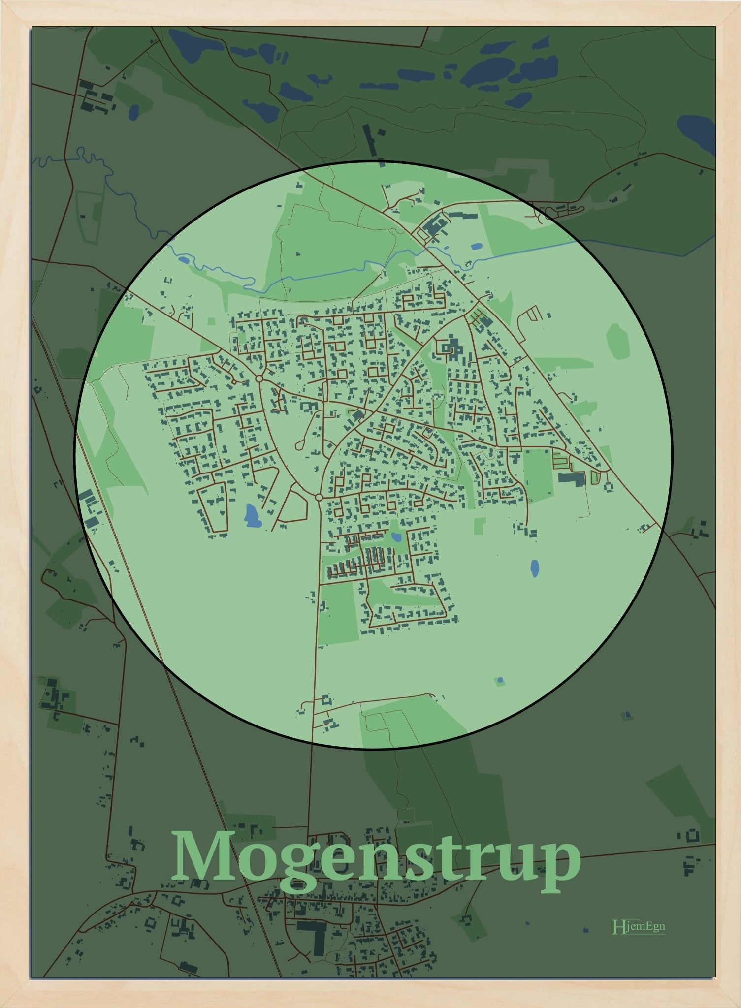 Mogenstrup plakat i farve pastel grøn og HjemEgn.dk design centrum. Design bykort for Mogenstrup