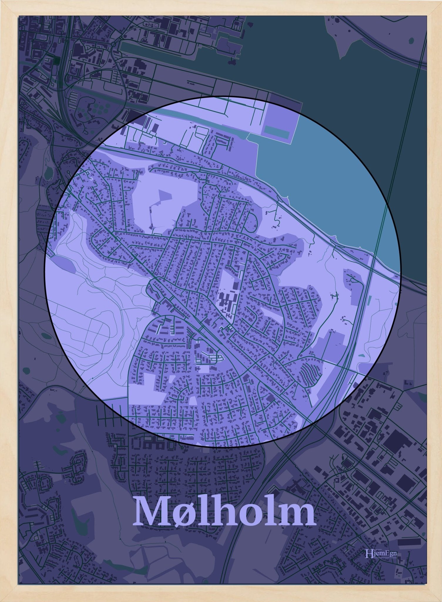 Mølholm plakat i farve pastel lilla og HjemEgn.dk design centrum. Design bykort for Mølholm