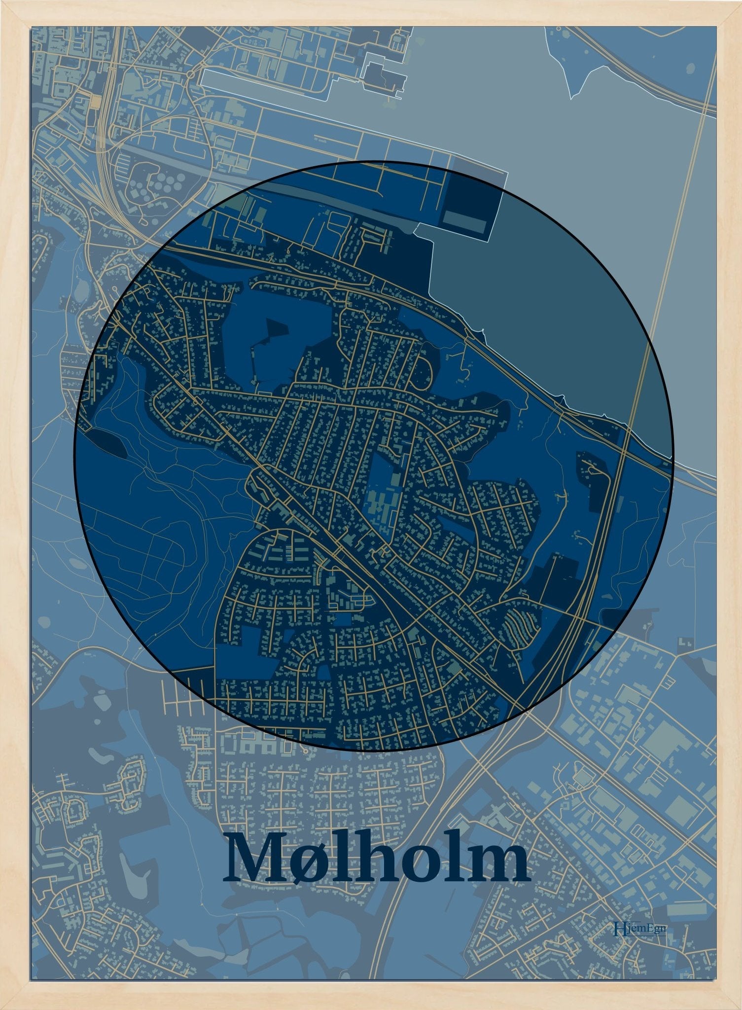 Mølholm plakat i farve mørk blå og HjemEgn.dk design centrum. Design bykort for Mølholm