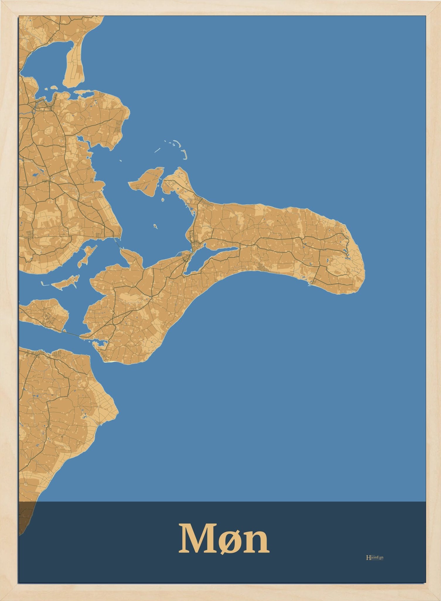 Møn plakat i farve pastel brun og HjemEgn.dk design firkantet. Design ø-kort for Møn