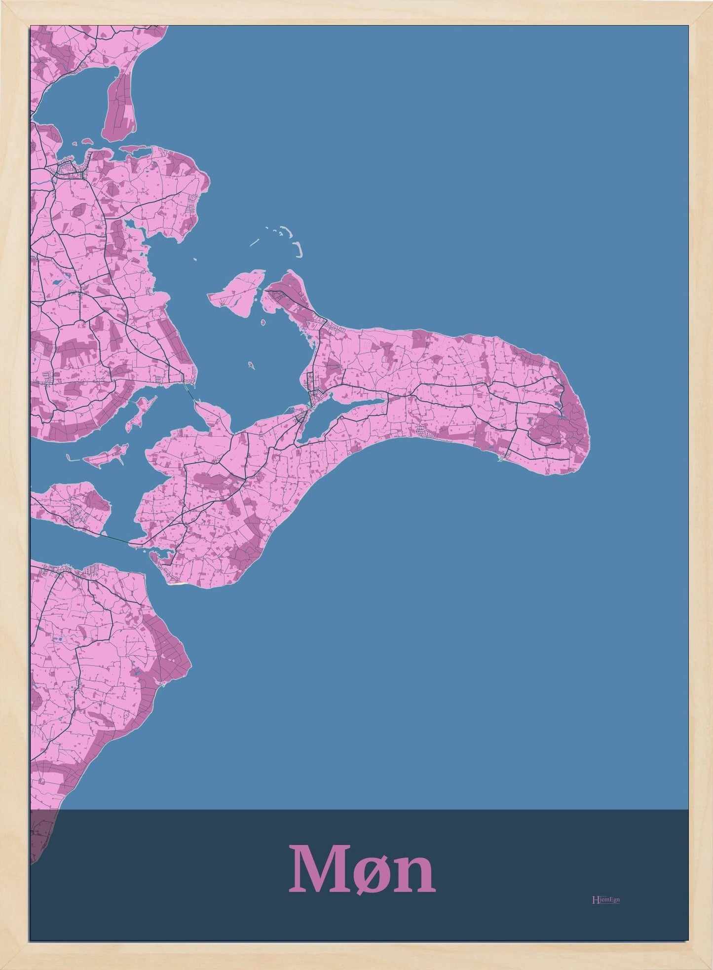 Møn plakat i farve pastel rød og HjemEgn.dk design firkantet. Design ø-kort for Møn