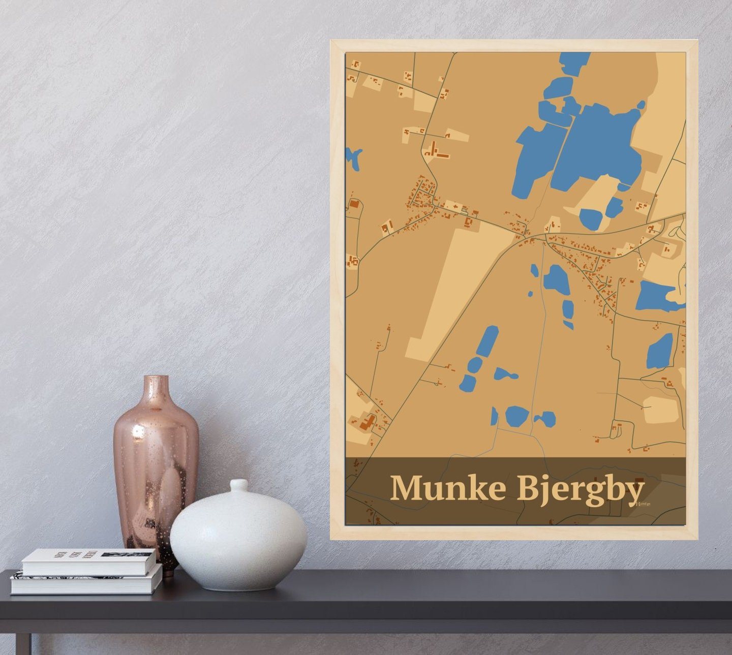 Munke Bjergby plakat i farve  og HjemEgn.dk design firkantet. Design bykort for Munke Bjergby