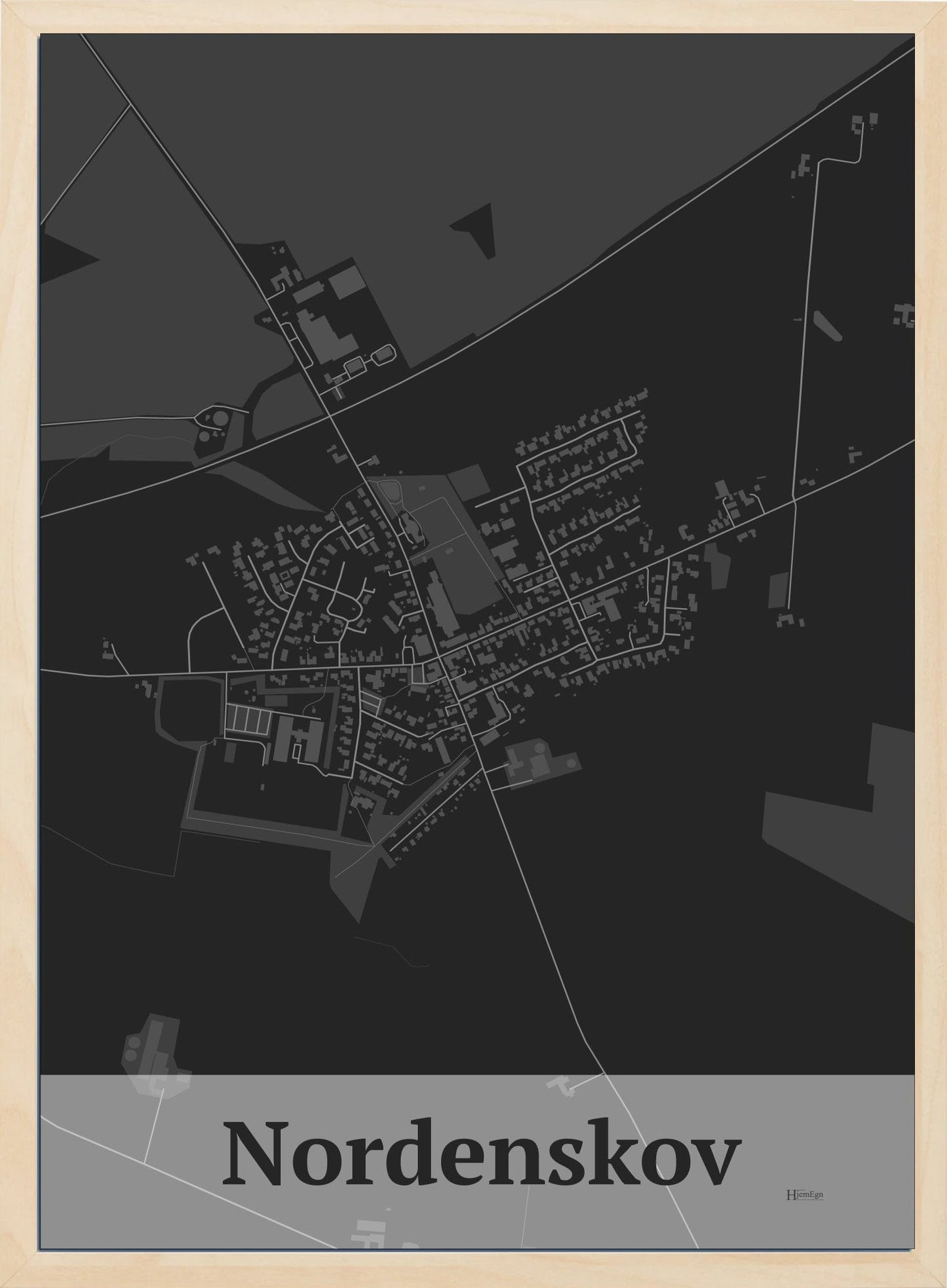 Nordenskov plakat i farve mørk grå og HjemEgn.dk design firkantet. Design bykort for Nordenskov