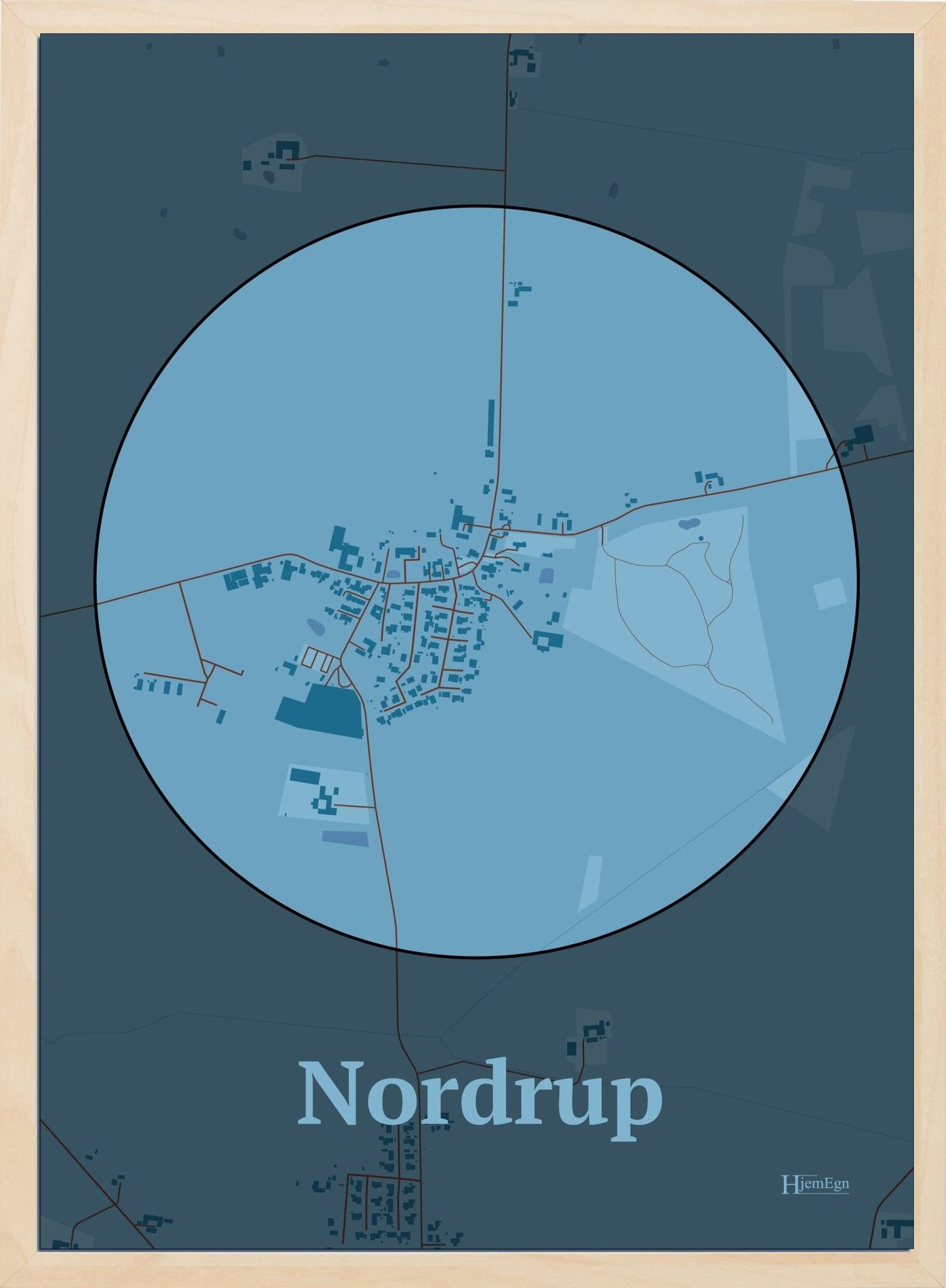 Nordrup plakat i farve pastel blå og HjemEgn.dk design centrum. Design bykort for Nordrup