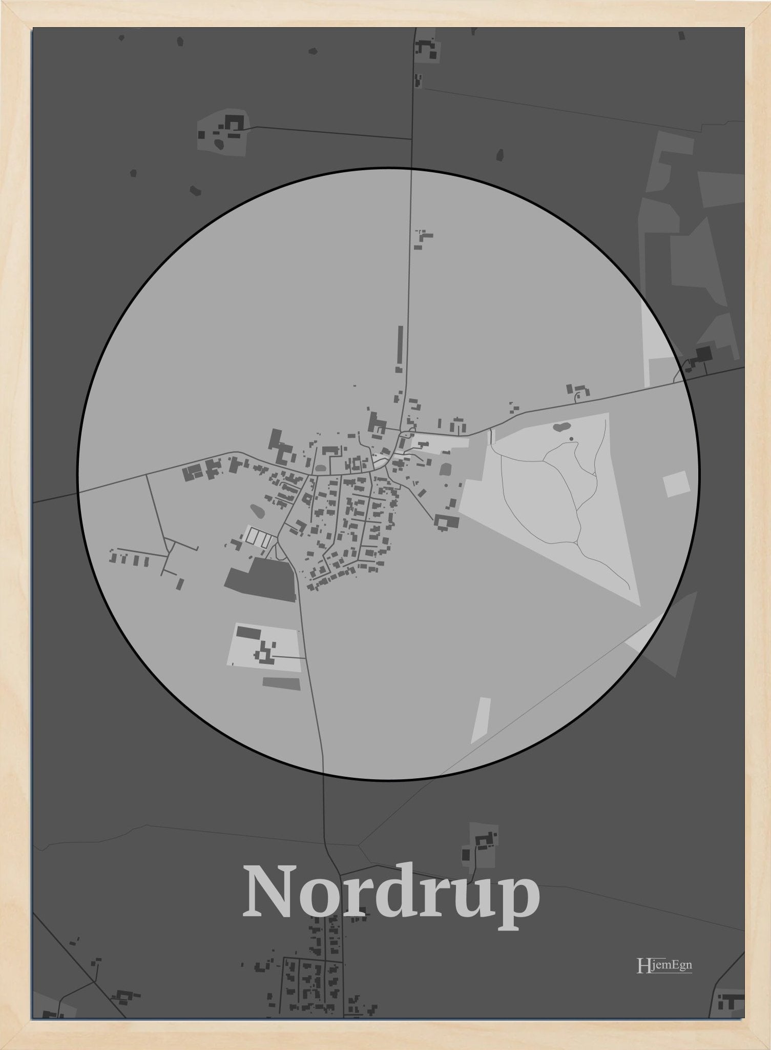 Nordrup plakat i farve pastel grå og HjemEgn.dk design centrum. Design bykort for Nordrup