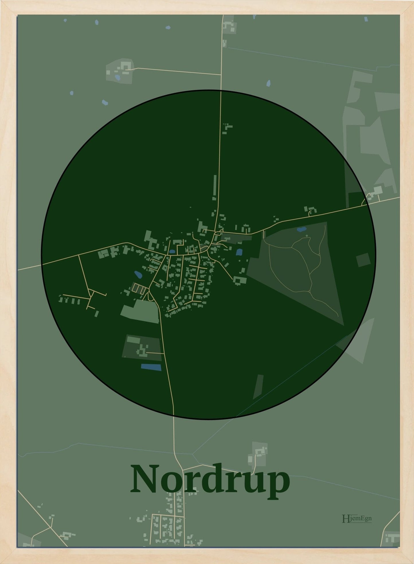 Nordrup plakat i farve mørk grøn og HjemEgn.dk design centrum. Design bykort for Nordrup