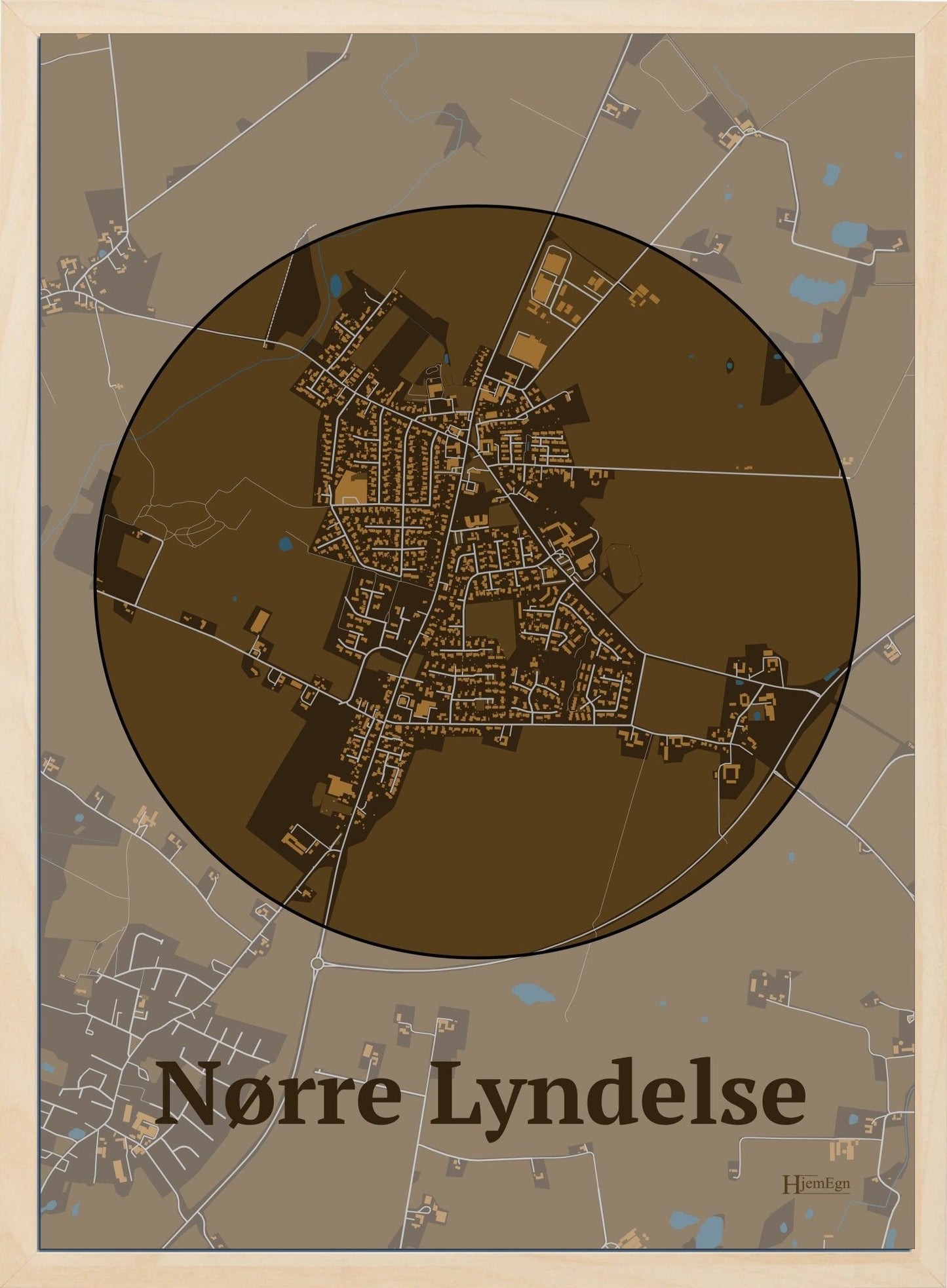 Nørre Lyndelse plakat i farve mørk brun og HjemEgn.dk design centrum. Design bykort for Nørre Lyndelse