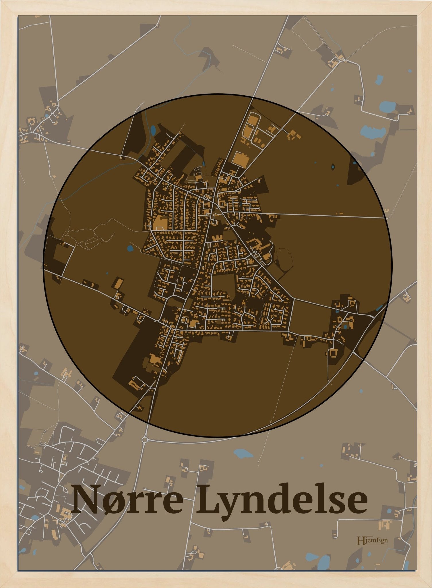 Nørre Lyndelse plakat i farve mørk brun og HjemEgn.dk design centrum. Design bykort for Nørre Lyndelse