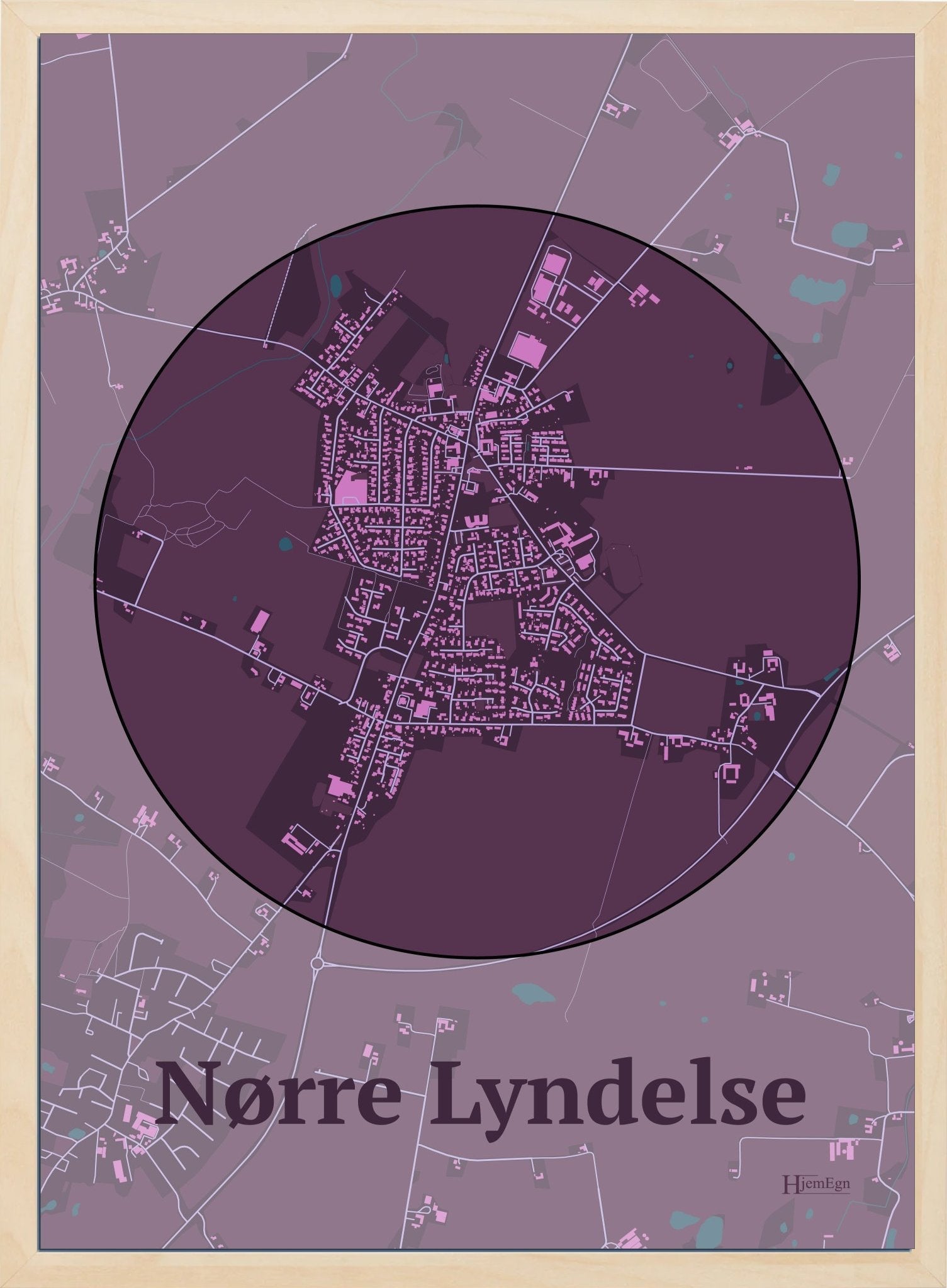 Nørre Lyndelse plakat i farve mørk rød og HjemEgn.dk design centrum. Design bykort for Nørre Lyndelse