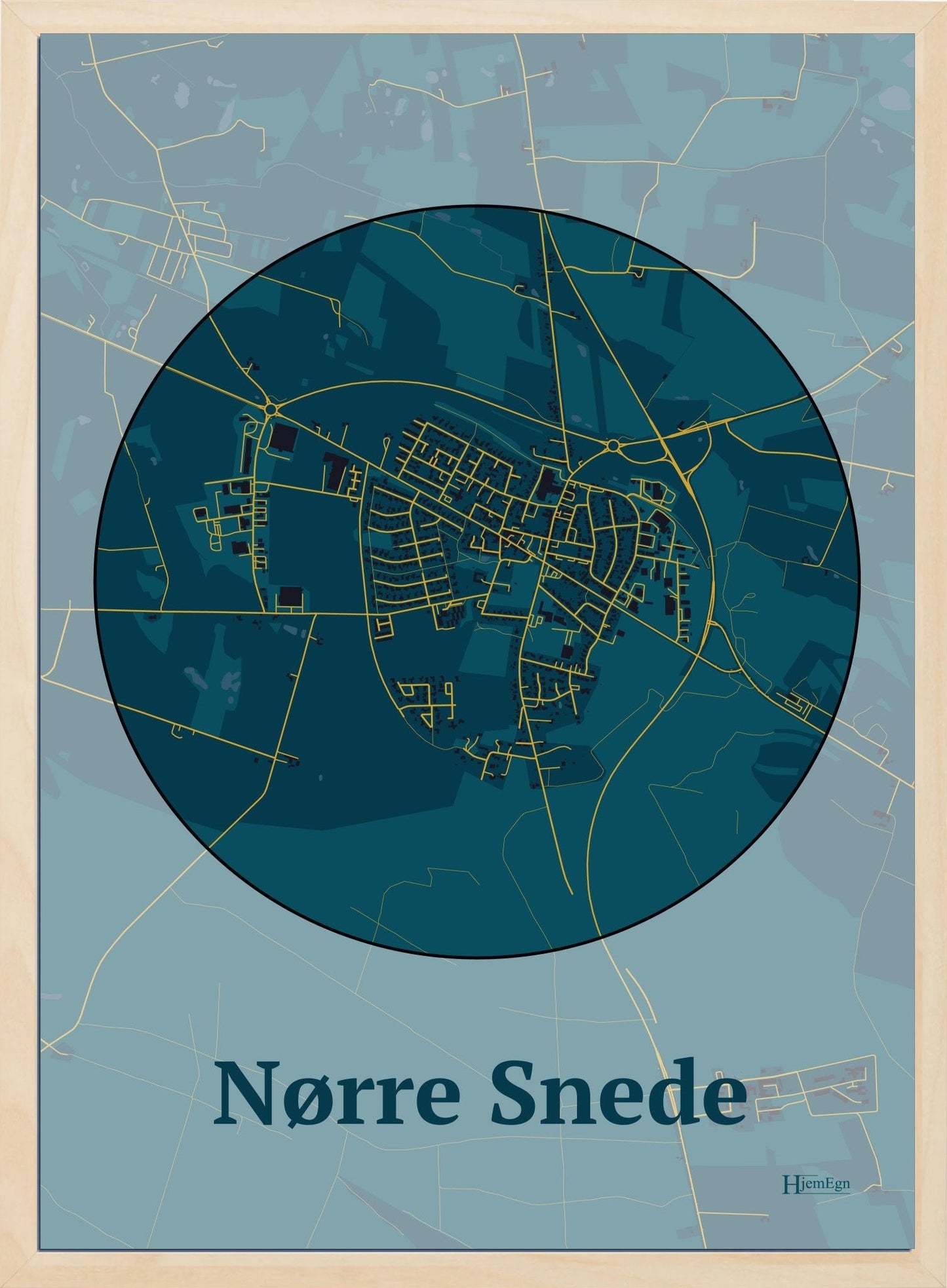 Nørre Snede plakat i farve mørk blå og HjemEgn.dk design centrum. Design bykort for Nørre Snede