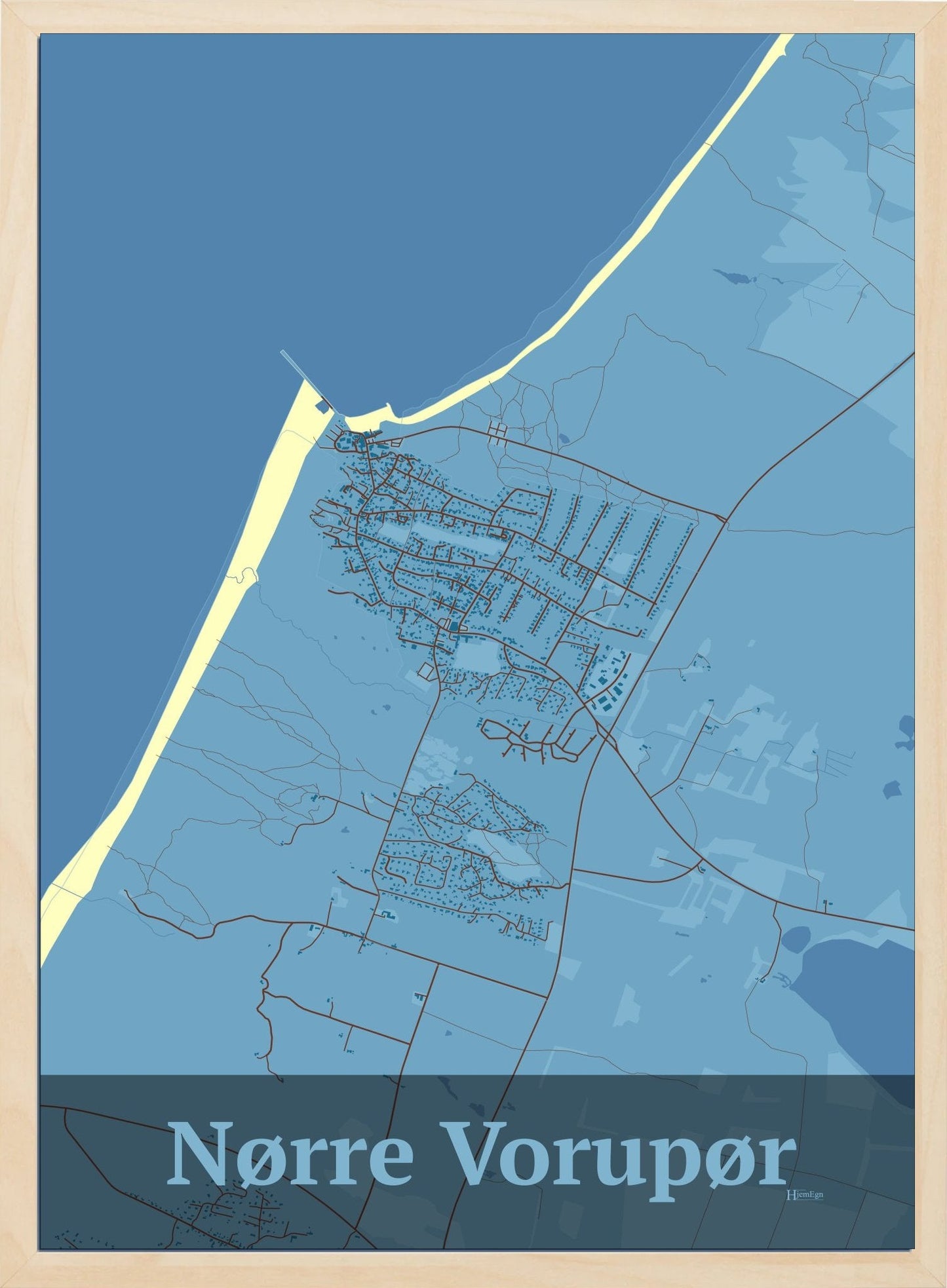 Nørre Vorupør plakat i farve pastel blå og HjemEgn.dk design firkantet. Design bykort for Nørre Vorupør