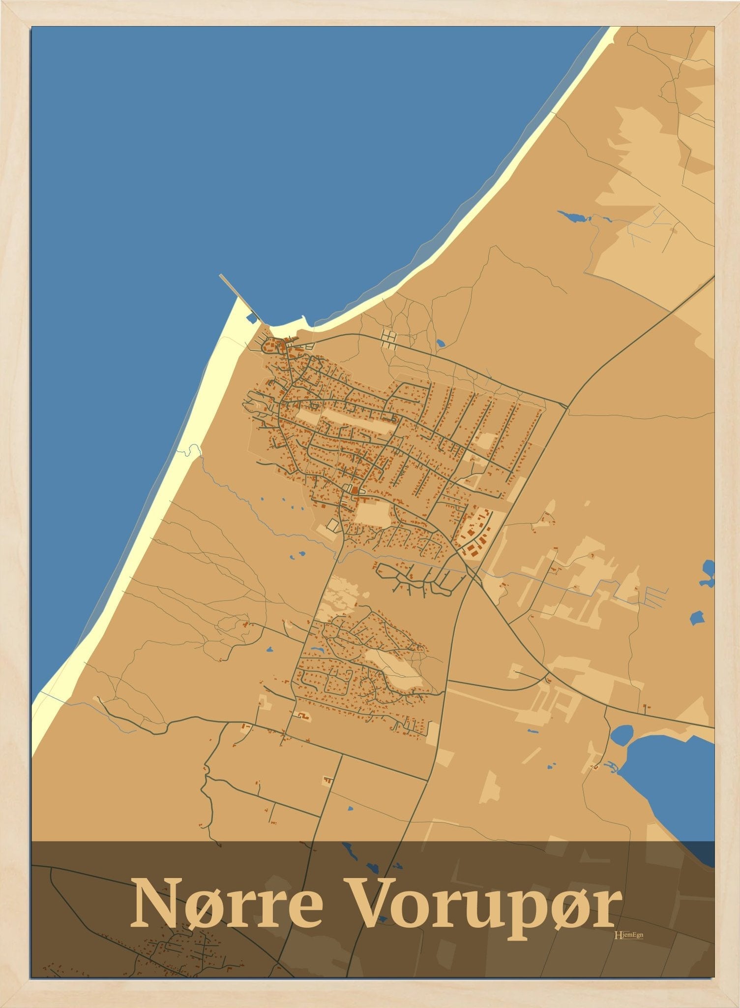 Nørre Vorupør plakat i farve pastel brun og HjemEgn.dk design firkantet. Design bykort for Nørre Vorupør