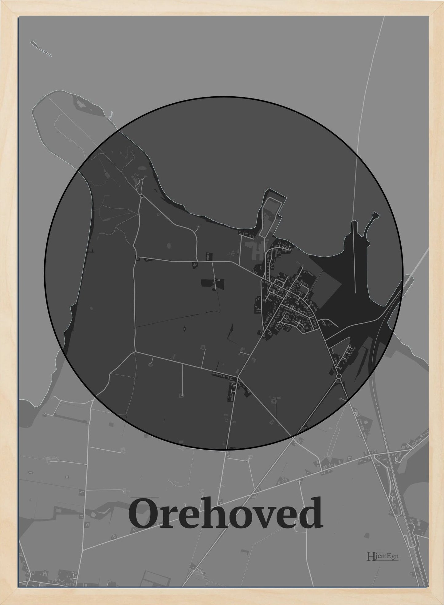 Orehoved plakat i farve mørk grå og HjemEgn.dk design centrum. Design bykort for Orehoved