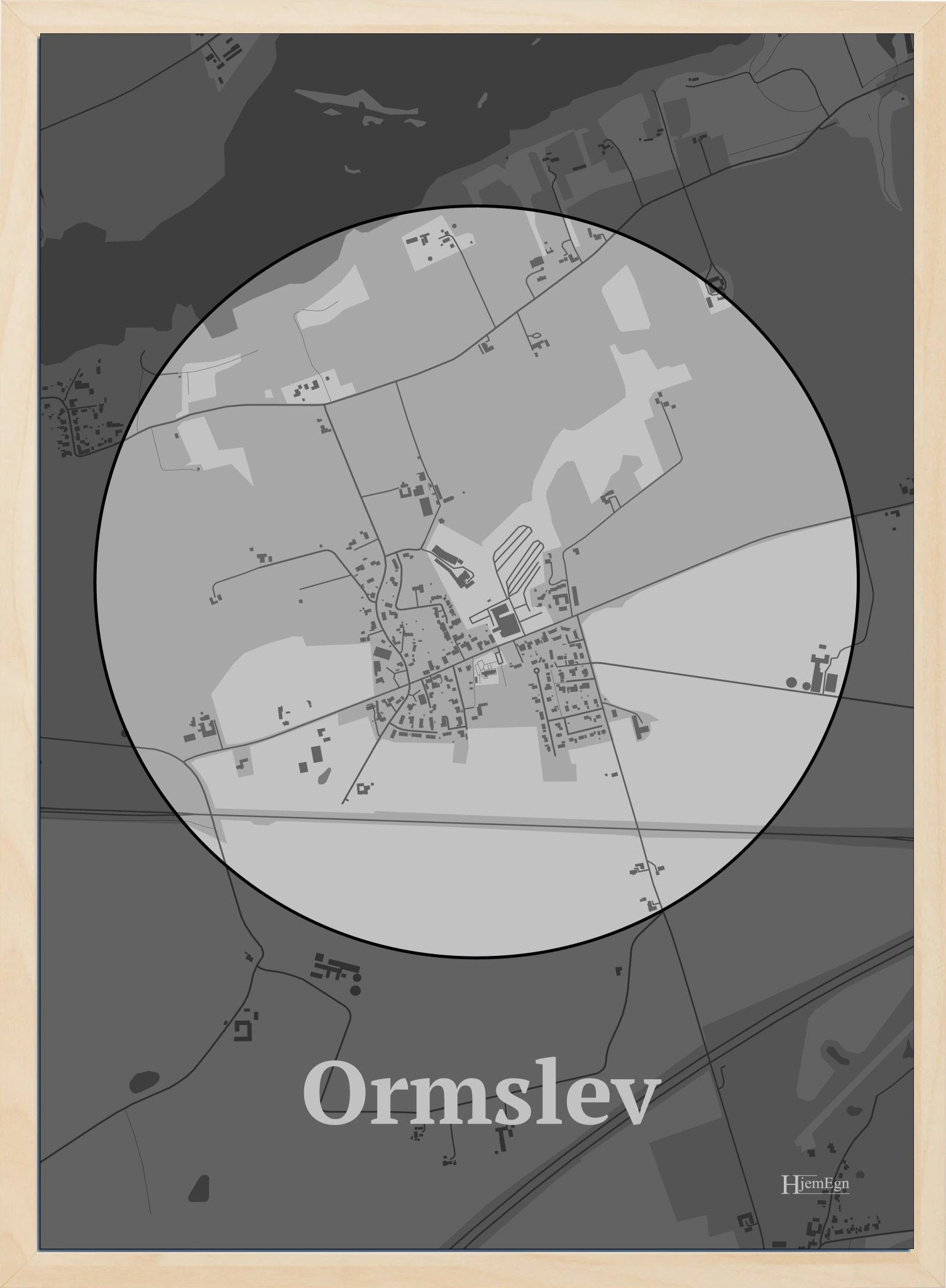 Ormslev plakat i farve pastel grå og HjemEgn.dk design centrum. Design bykort for Ormslev