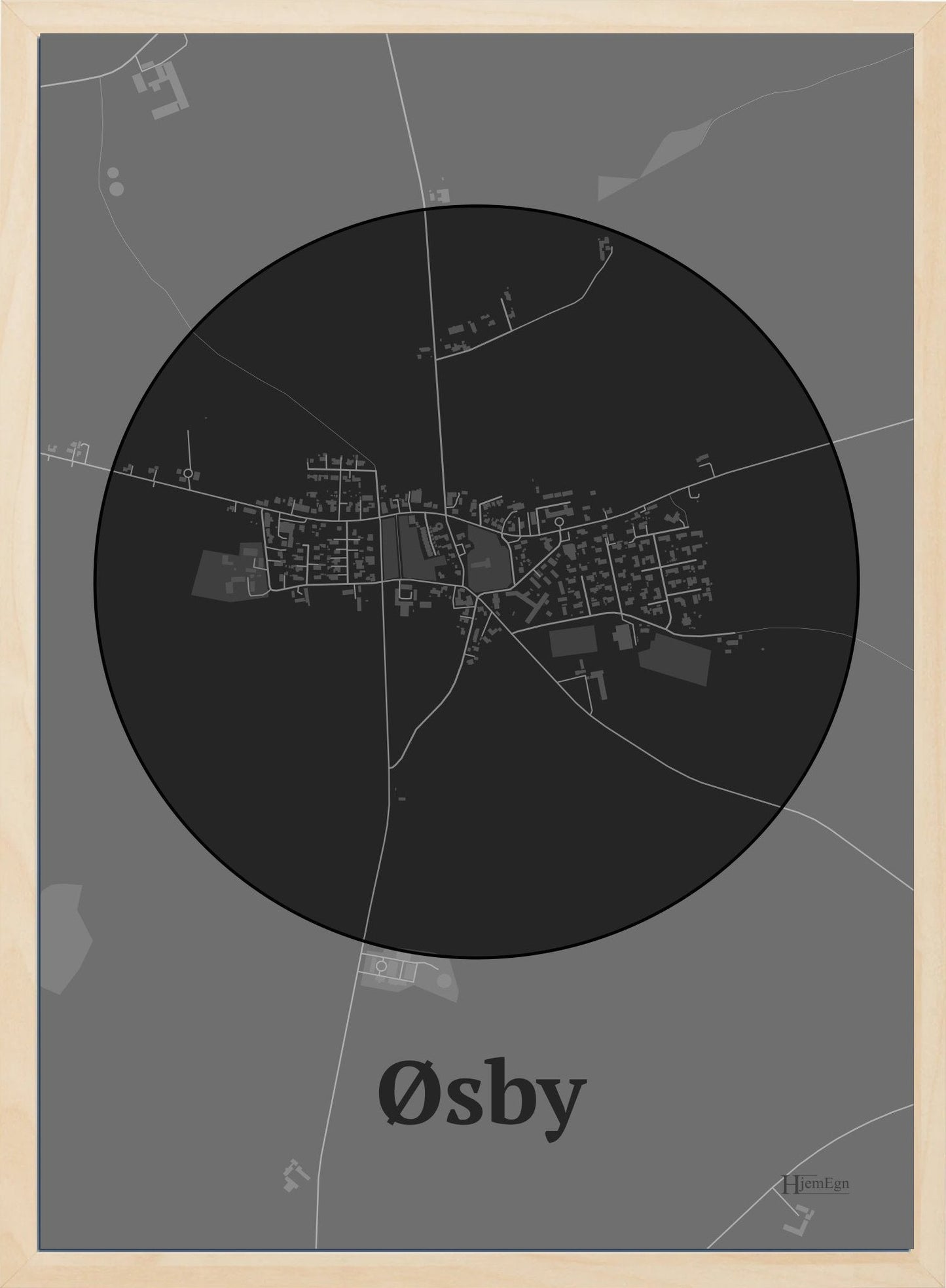 Øsby plakat i farve mørk grå og HjemEgn.dk design centrum. Design bykort for Øsby