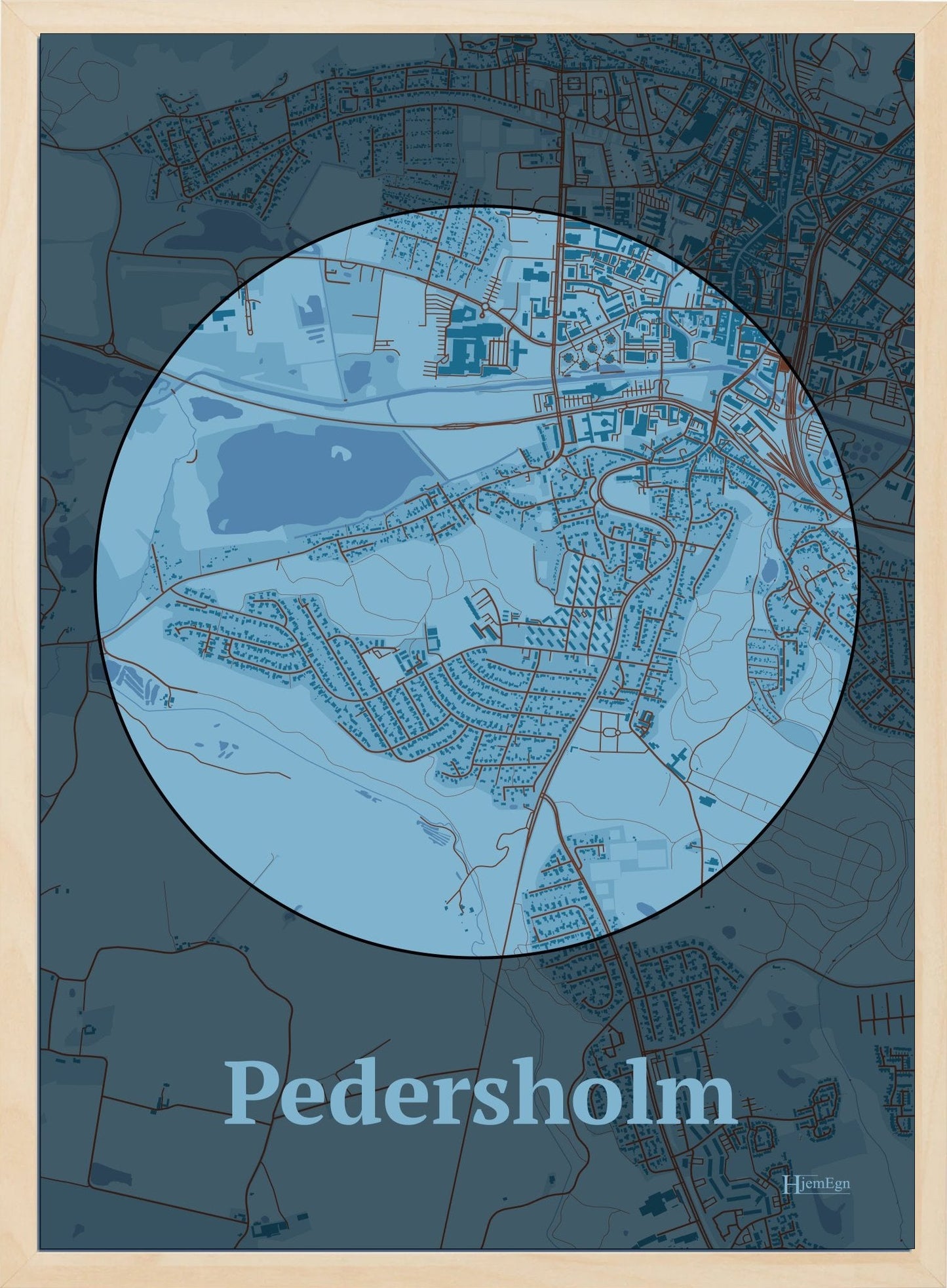 Pedersholm plakat i farve pastel blå og HjemEgn.dk design centrum. Design bykort for Pedersholm