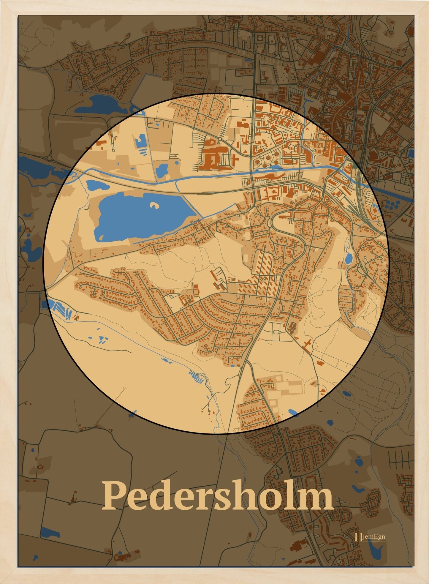Pedersholm plakat i farve pastel brun og HjemEgn.dk design centrum. Design bykort for Pedersholm