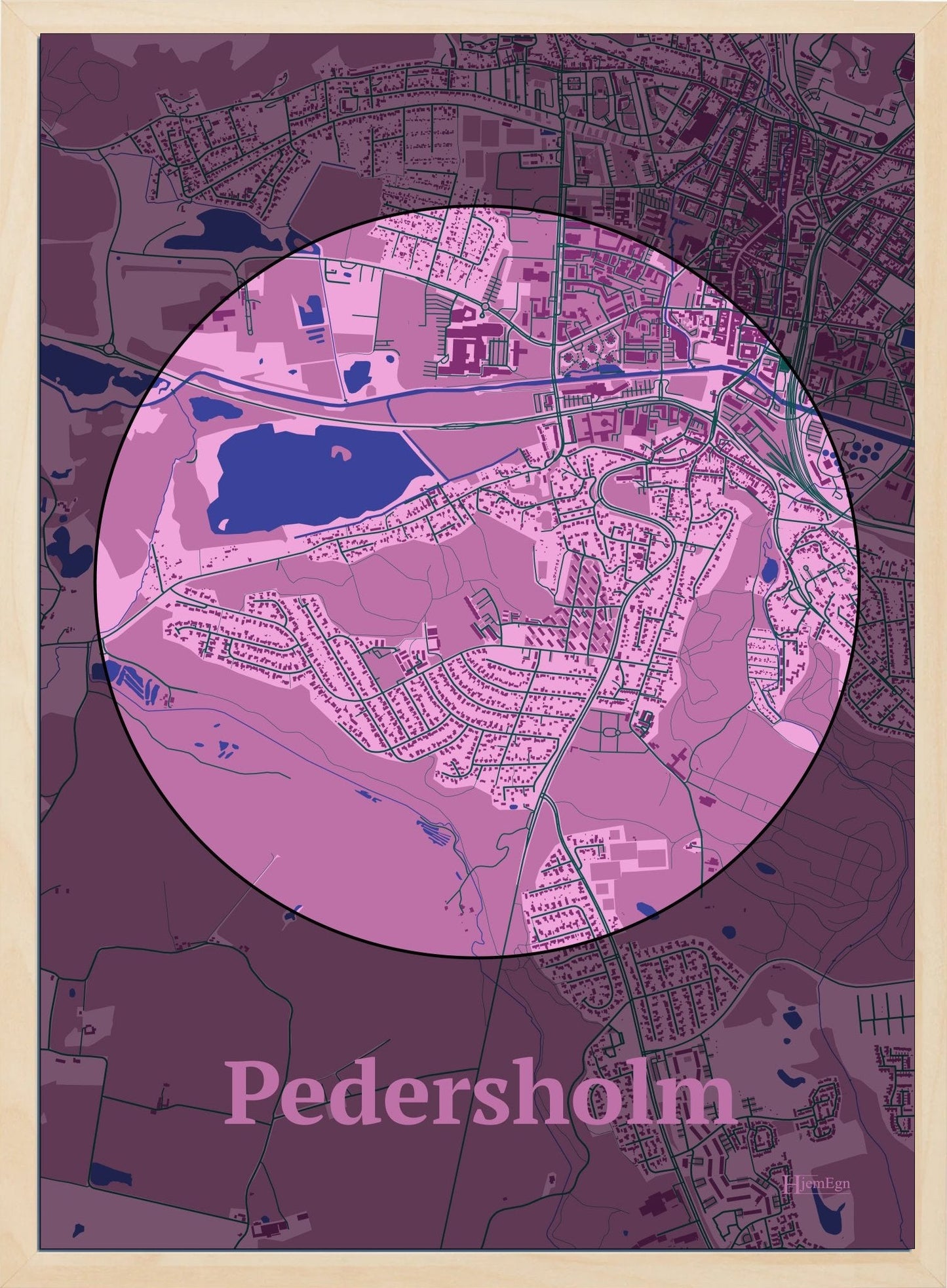 Pedersholm plakat i farve pastel rød og HjemEgn.dk design centrum. Design bykort for Pedersholm