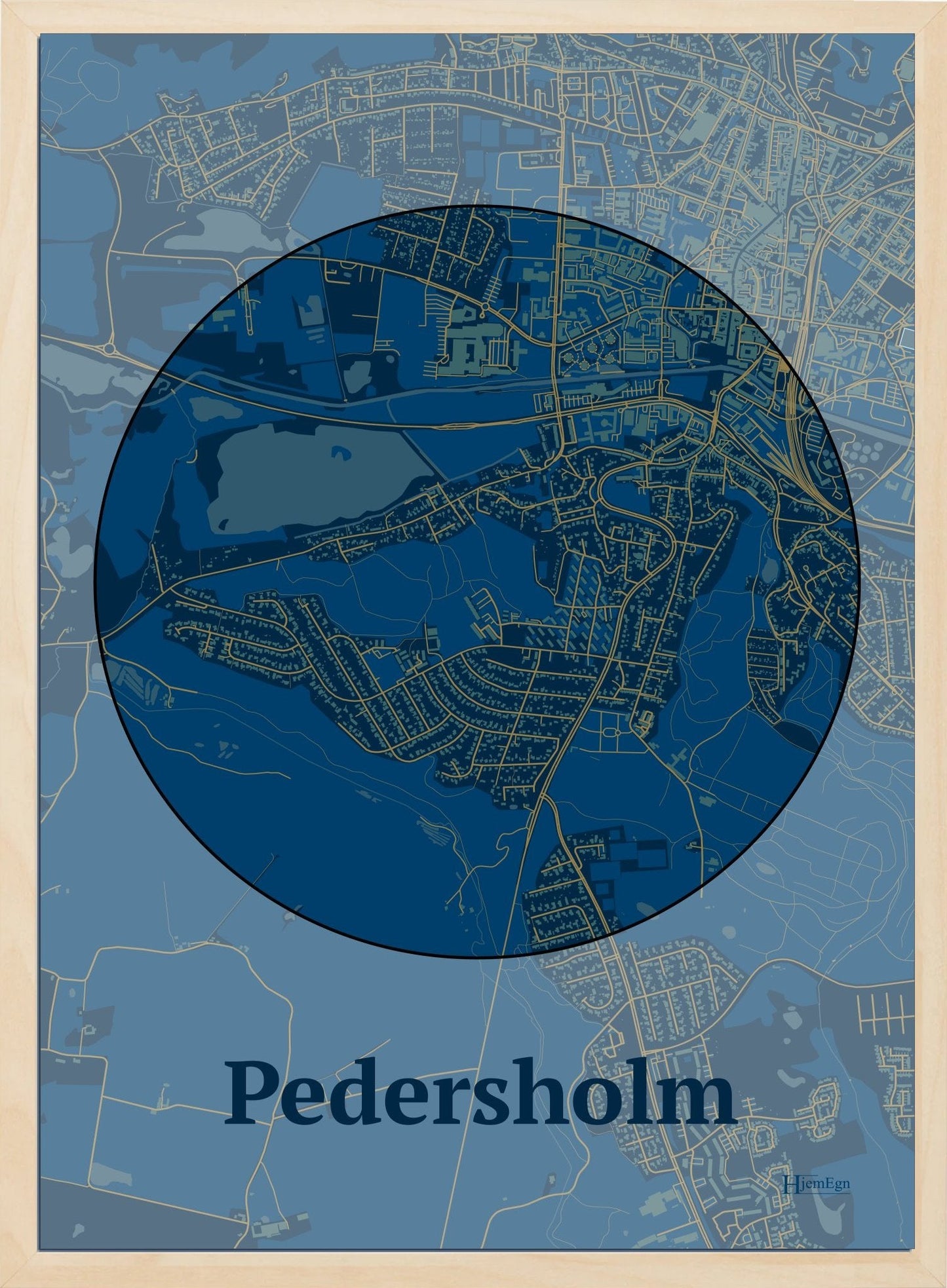 Pedersholm plakat i farve mørk blå og HjemEgn.dk design centrum. Design bykort for Pedersholm