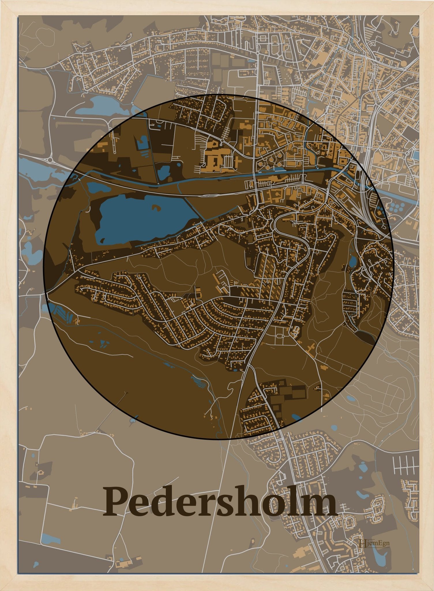 Pedersholm plakat i farve mørk brun og HjemEgn.dk design centrum. Design bykort for Pedersholm