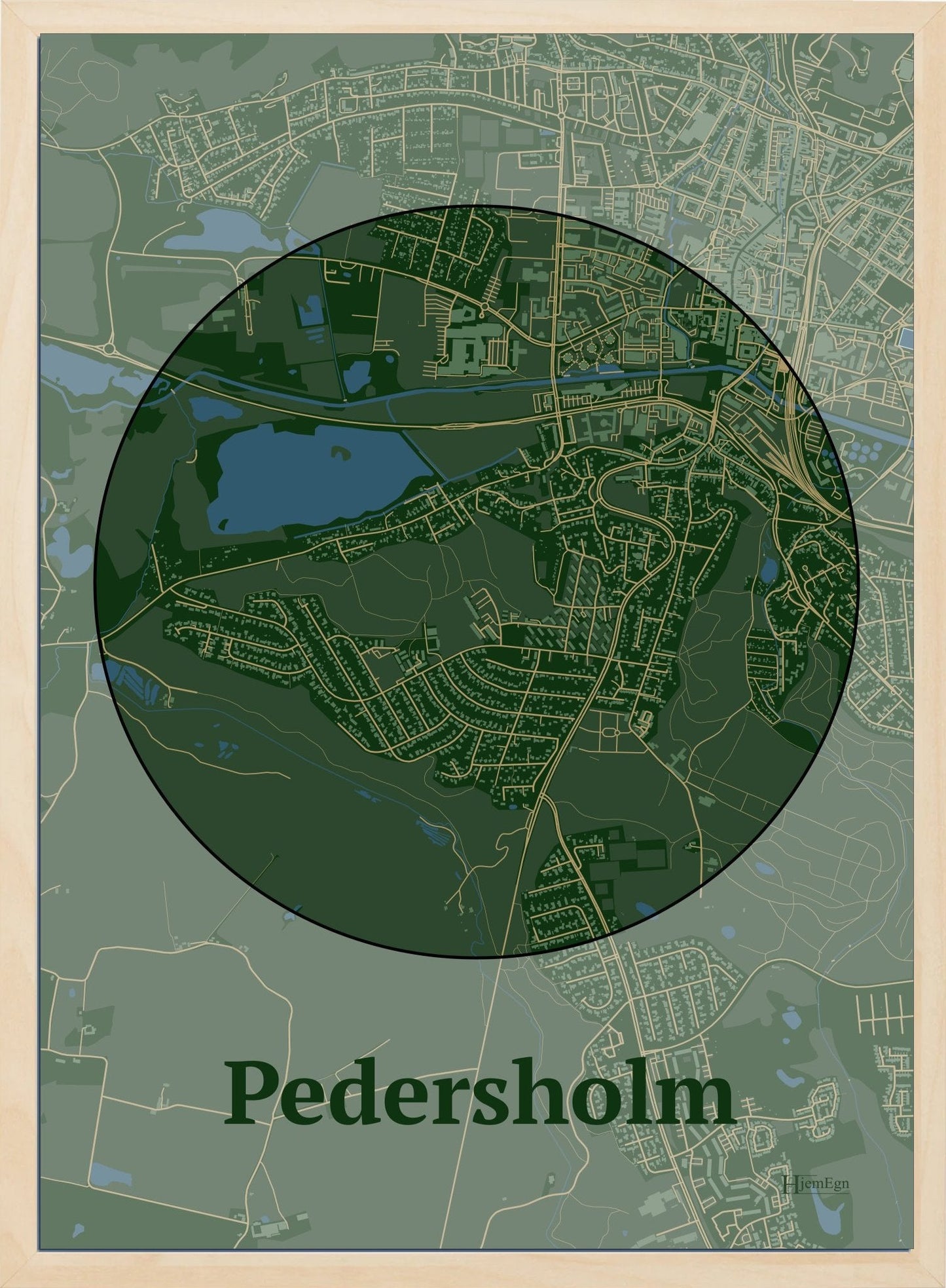 Pedersholm plakat i farve mørk grøn og HjemEgn.dk design centrum. Design bykort for Pedersholm