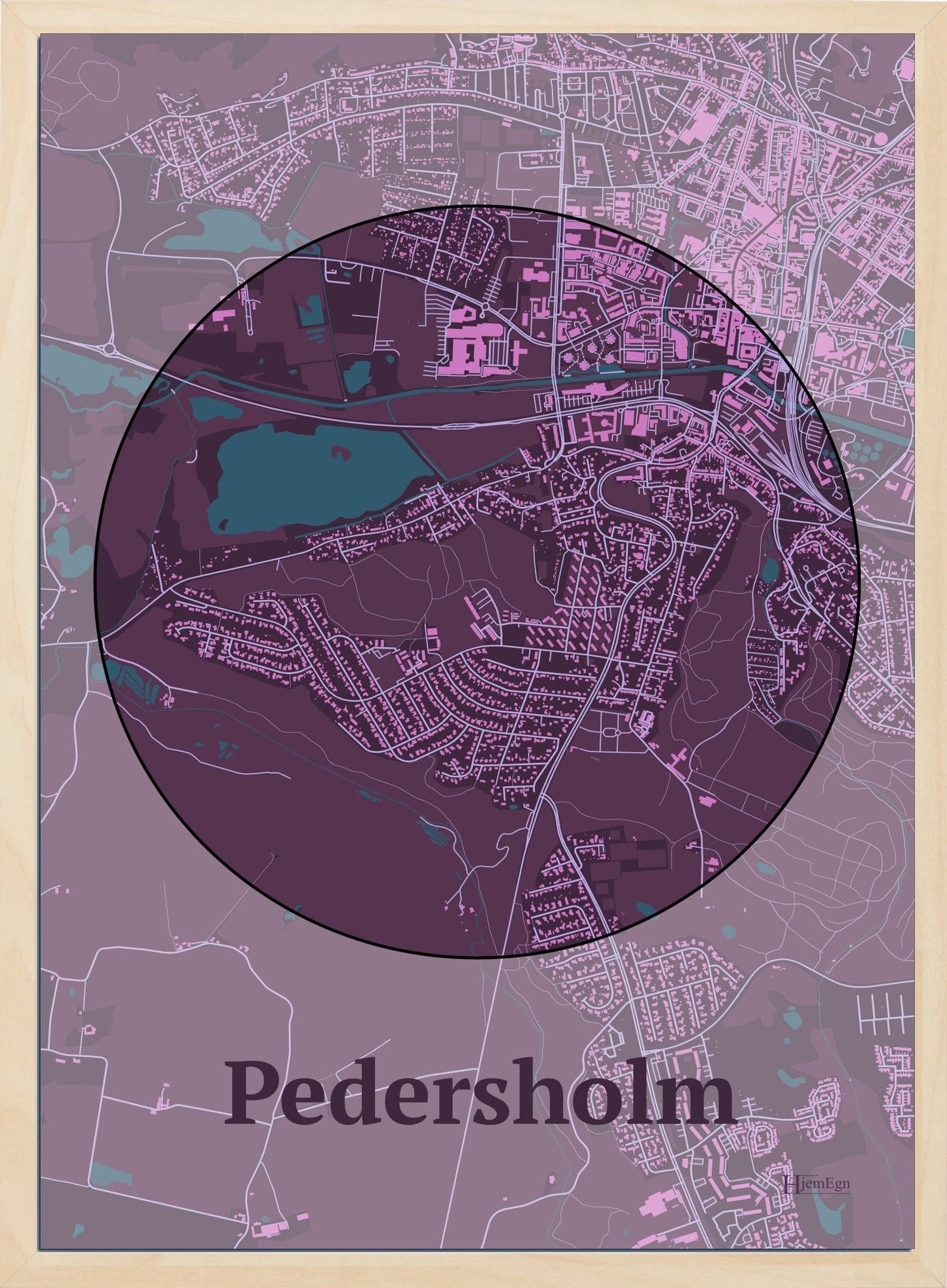Pedersholm plakat i farve mørk rød og HjemEgn.dk design centrum. Design bykort for Pedersholm