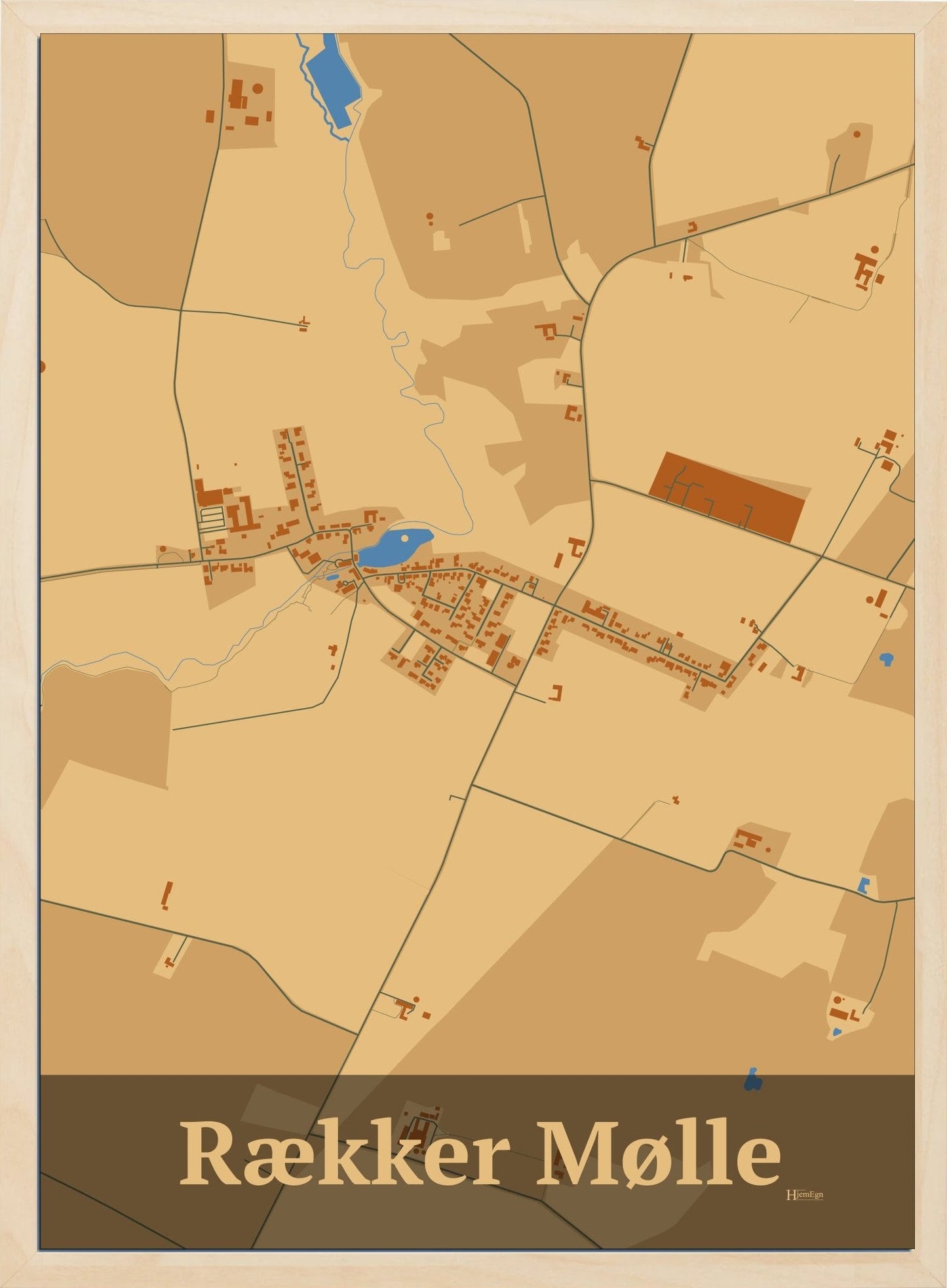 Rækker Mølle plakat i farve pastel brun og HjemEgn.dk design firkantet. Design bykort for Rækker Mølle