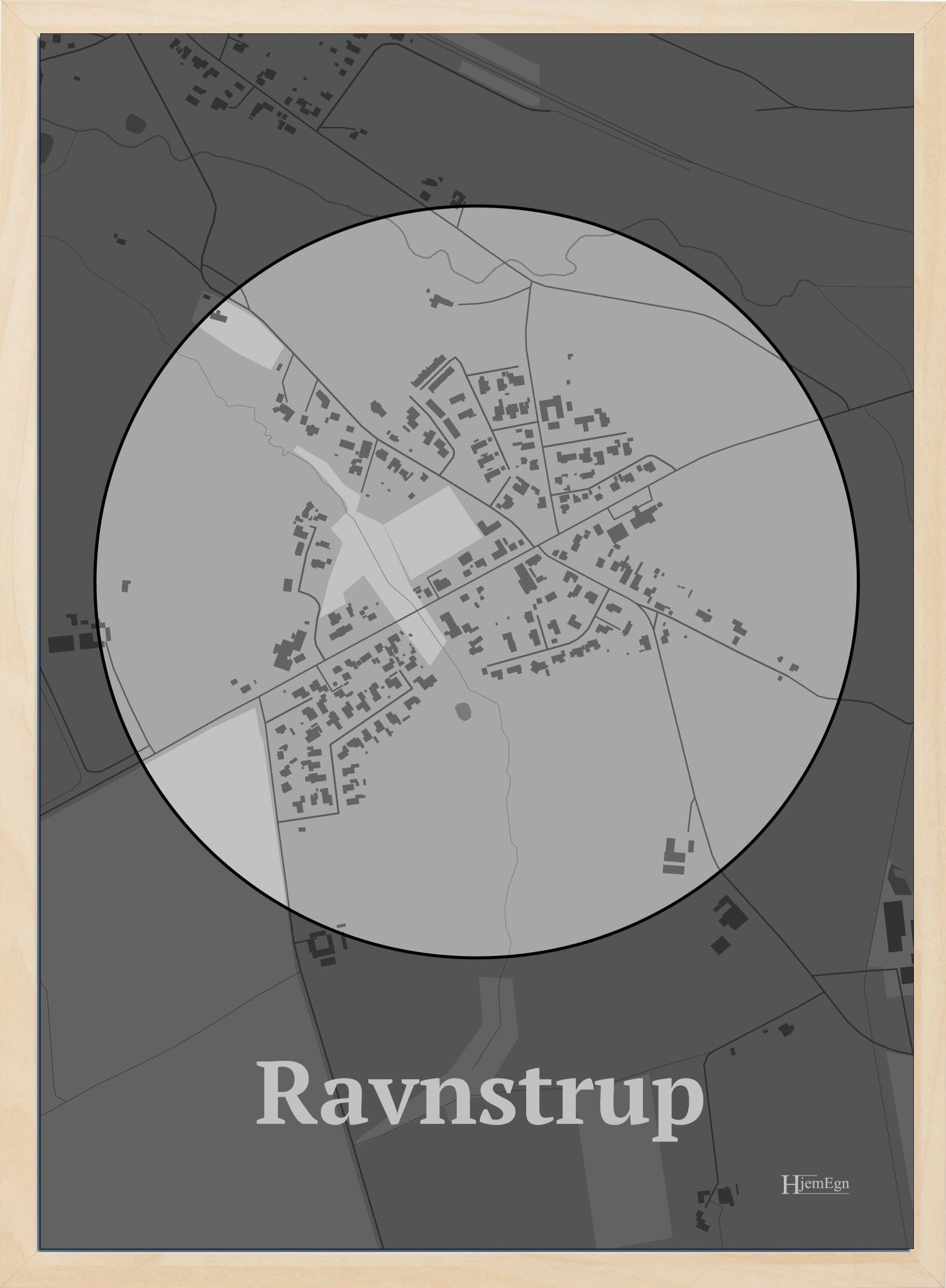 Ravnstrup plakat i farve pastel grå og HjemEgn.dk design centrum. Design bykort for Ravnstrup