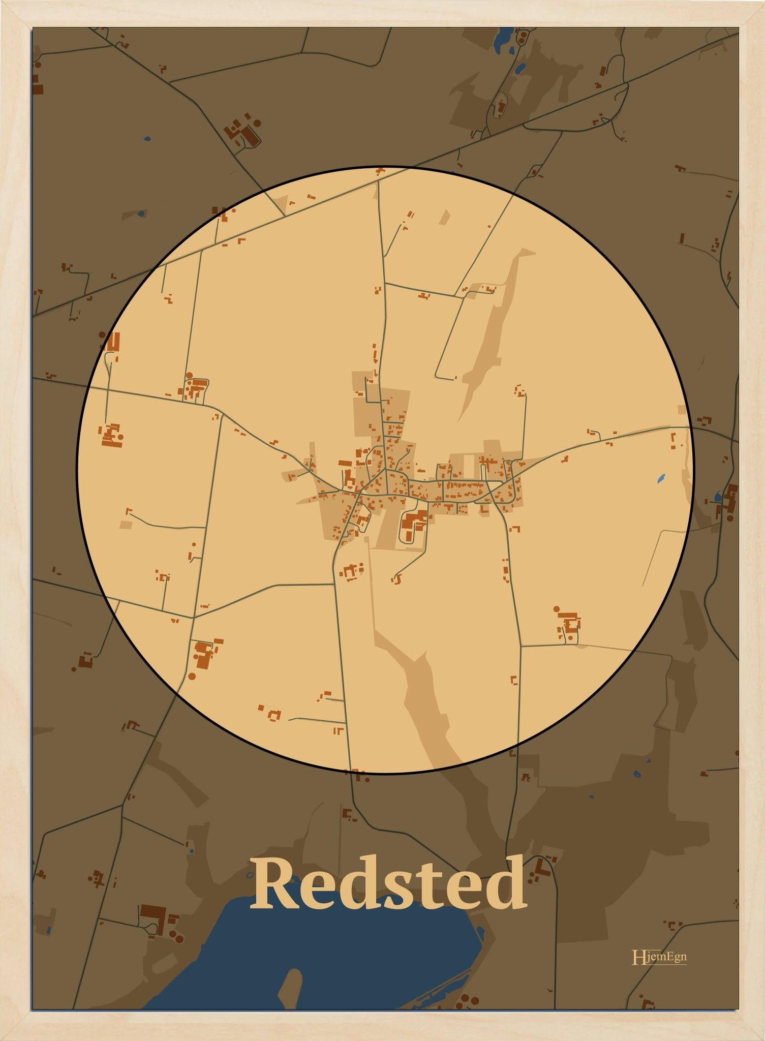 Redsted plakat i farve pastel brun og HjemEgn.dk design centrum. Design bykort for Redsted
