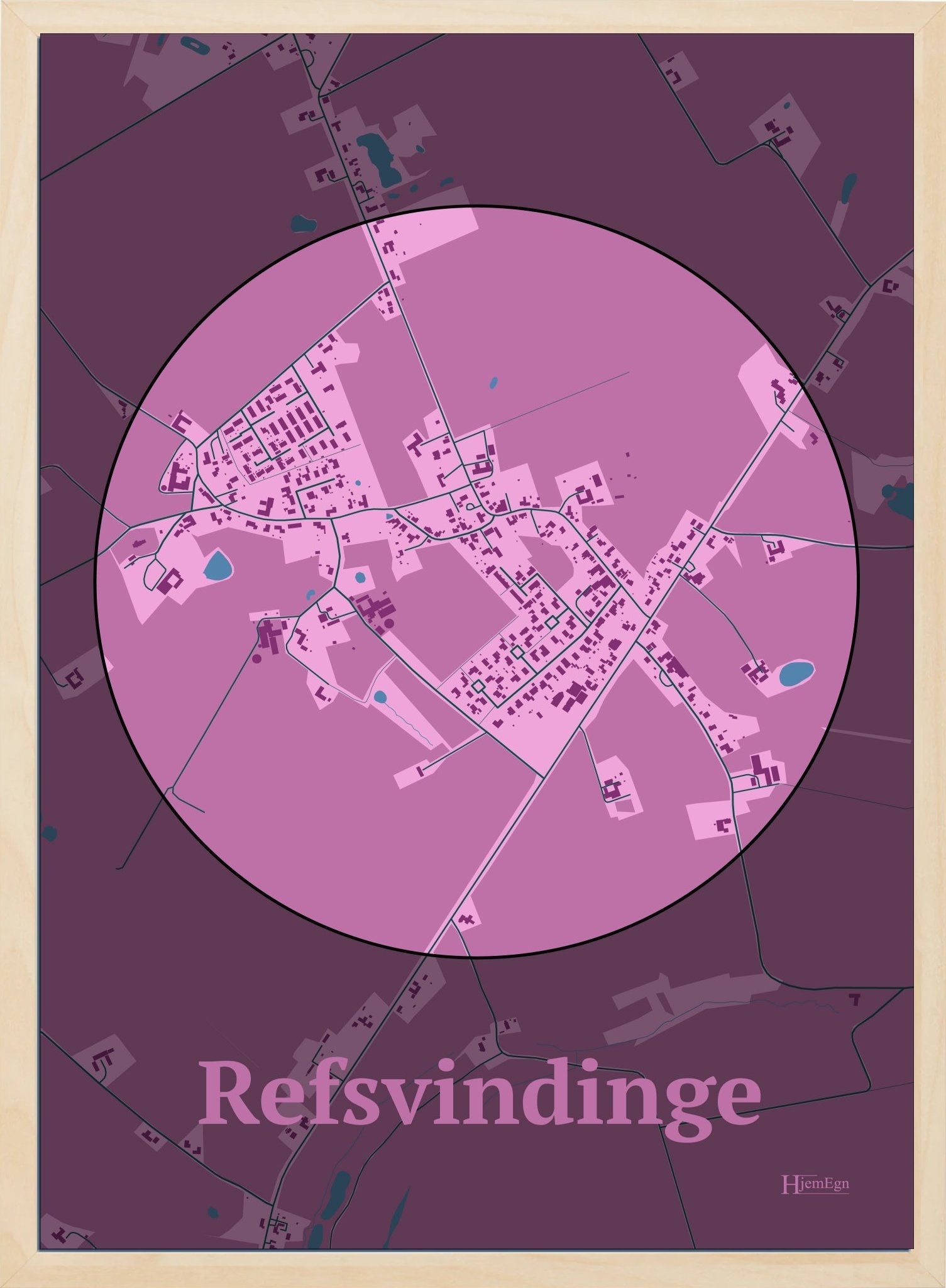 Refsvindinge plakat i farve pastel rød og HjemEgn.dk design centrum. Design bykort for Refsvindinge