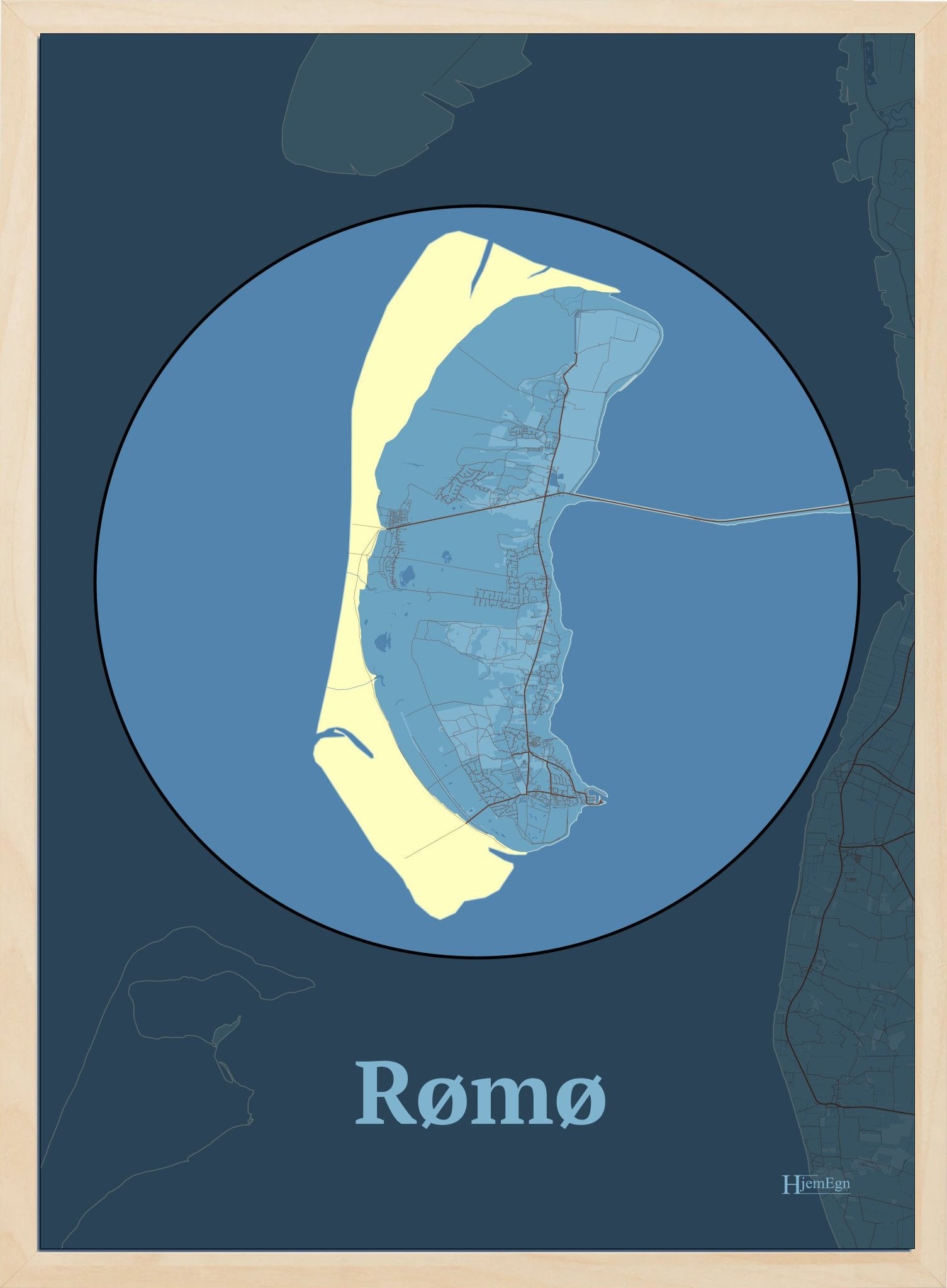 Rømø plakat i farve pastel blå og HjemEgn.dk design centrum. Design ø-kort for Rømø