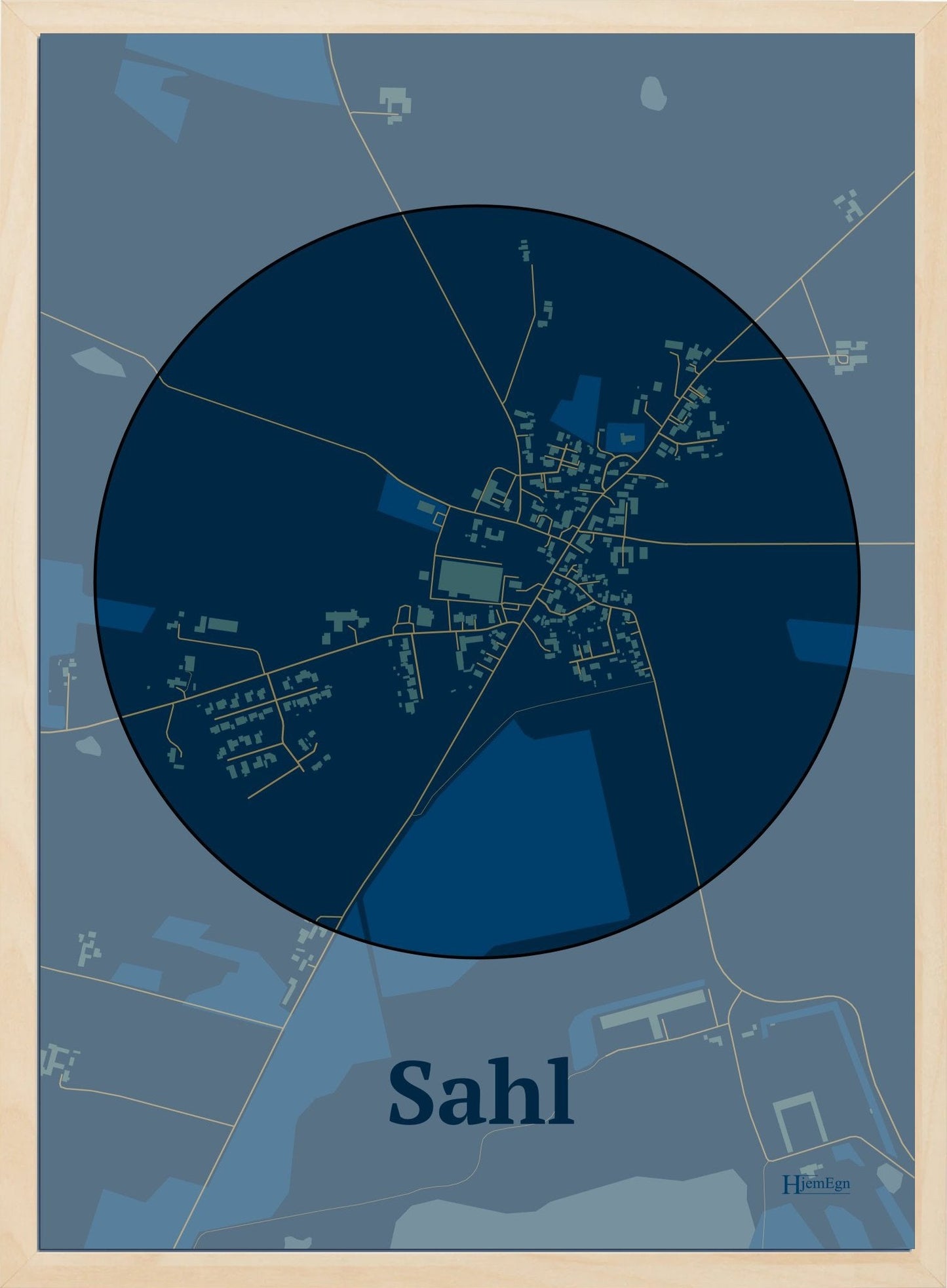 Sahl plakat i farve mørk blå og HjemEgn.dk design centrum. Design bykort for Sahl