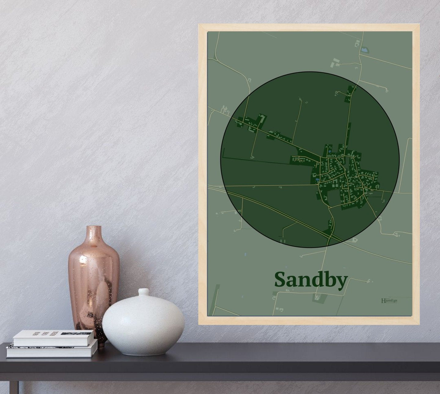 Sandby plakat i farve  og HjemEgn.dk design centrum. Design bykort for Sandby