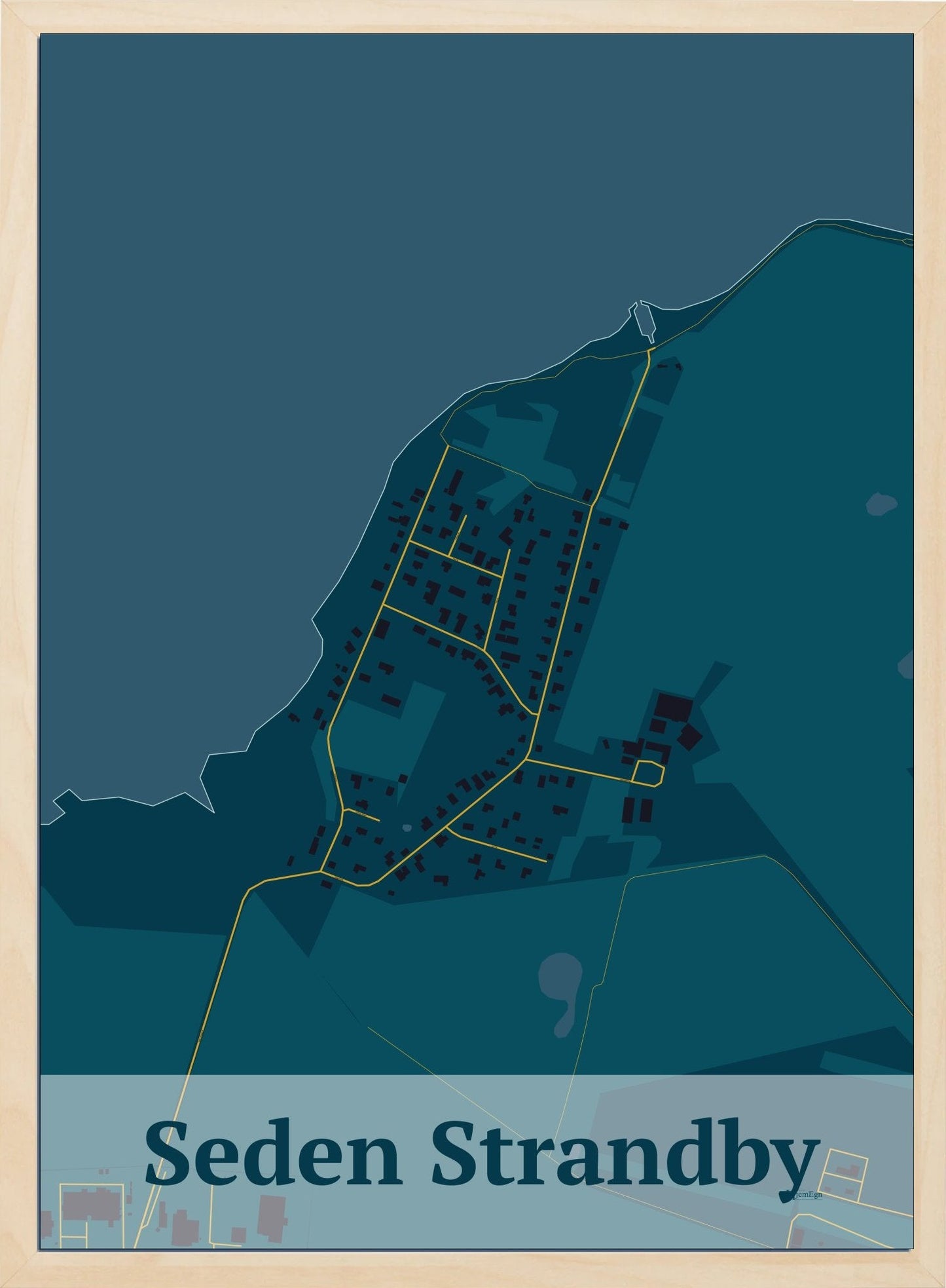 Seden Strandby plakat i mørk brun og HjemEgn.dk design firkantet. Design bykort for Seden Strandby