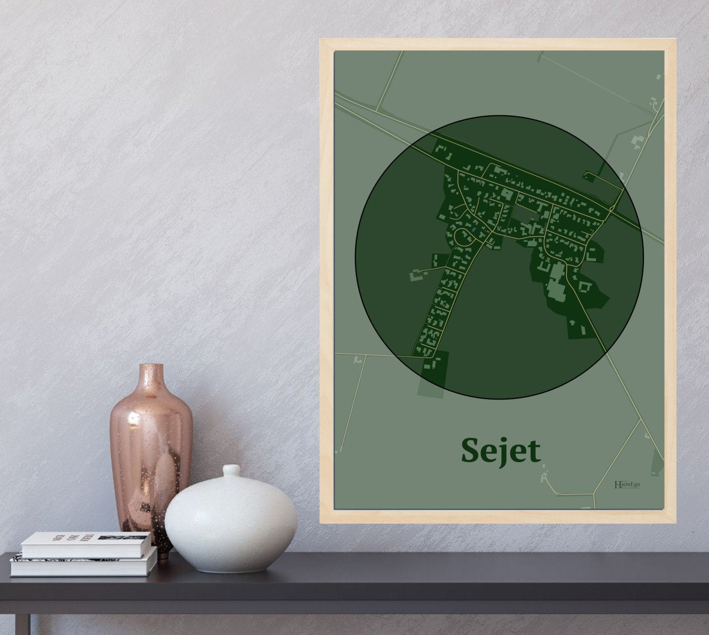 Sejet plakat i farve  og HjemEgn.dk design centrum. Design bykort for Sejet