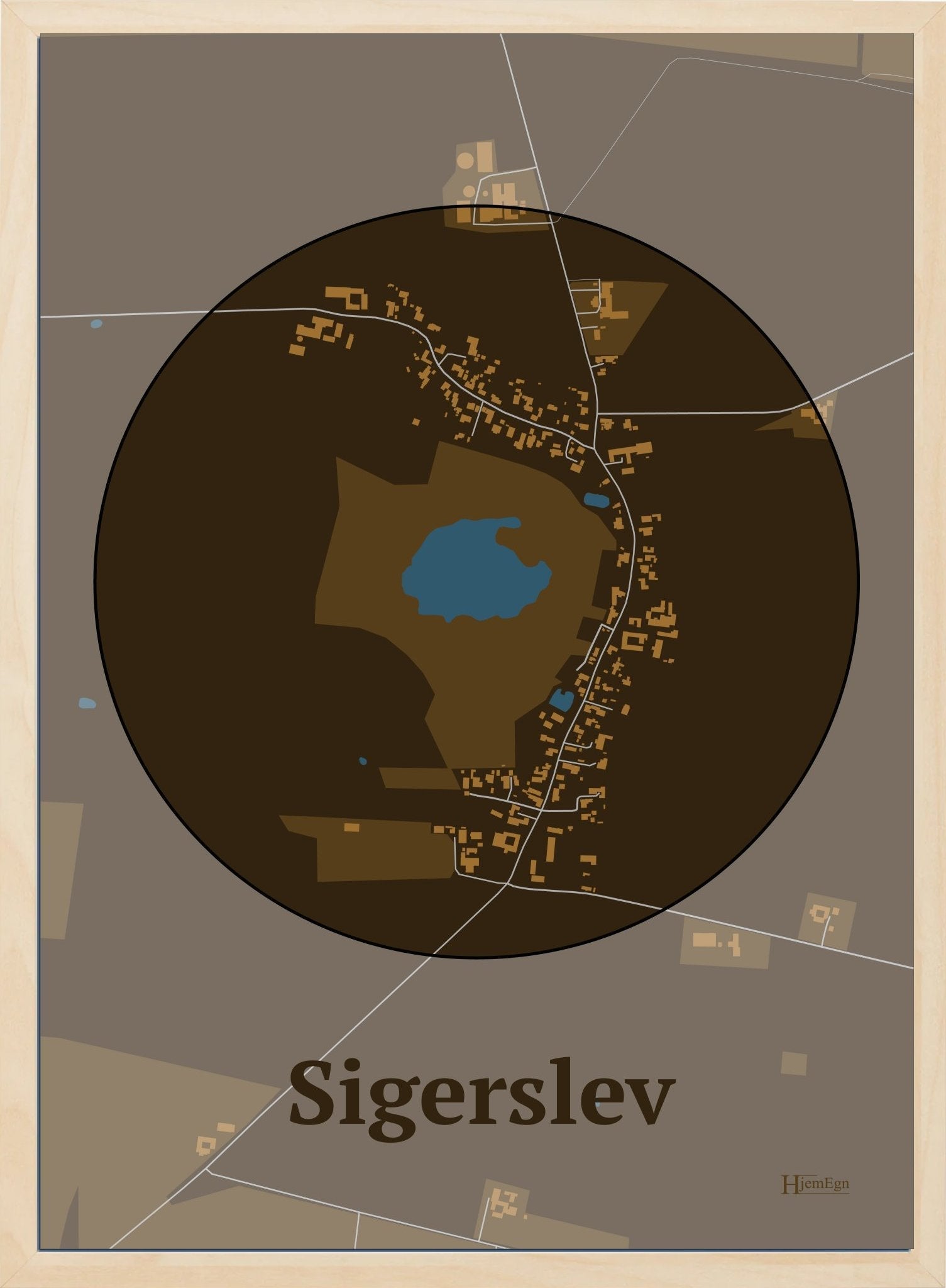 Sigerslev plakat i farve mørk brun og HjemEgn.dk design centrum. Design bykort for Sigerslev