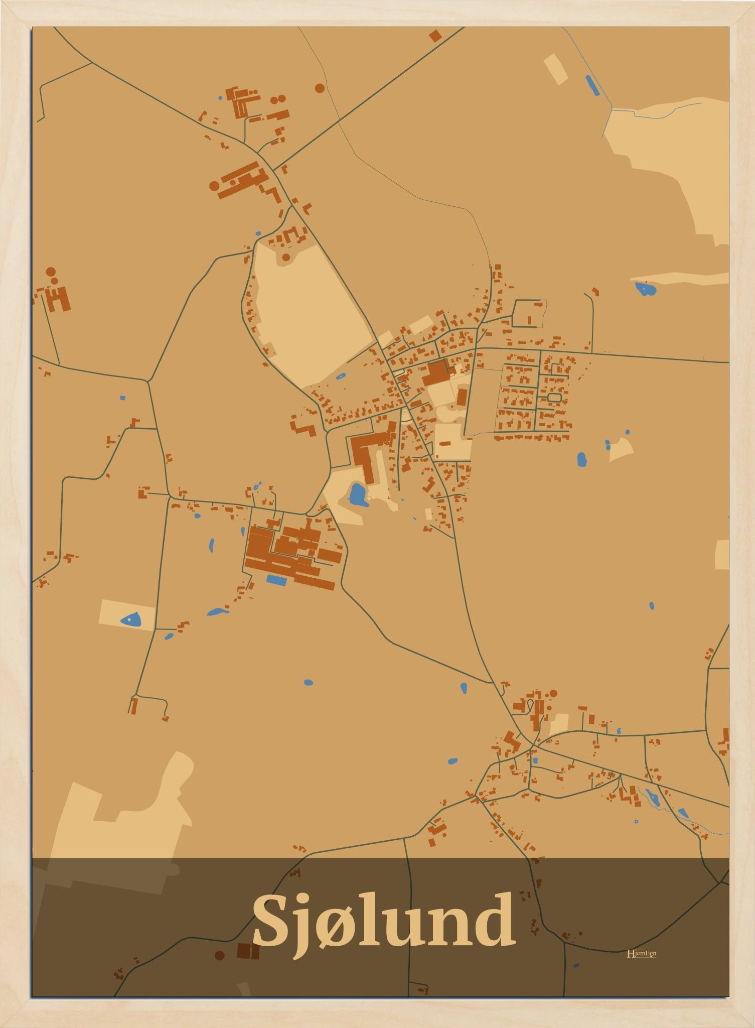 Sjølund plakat i farve pastel brun og HjemEgn.dk design firkantet. Design bykort for Sjølund