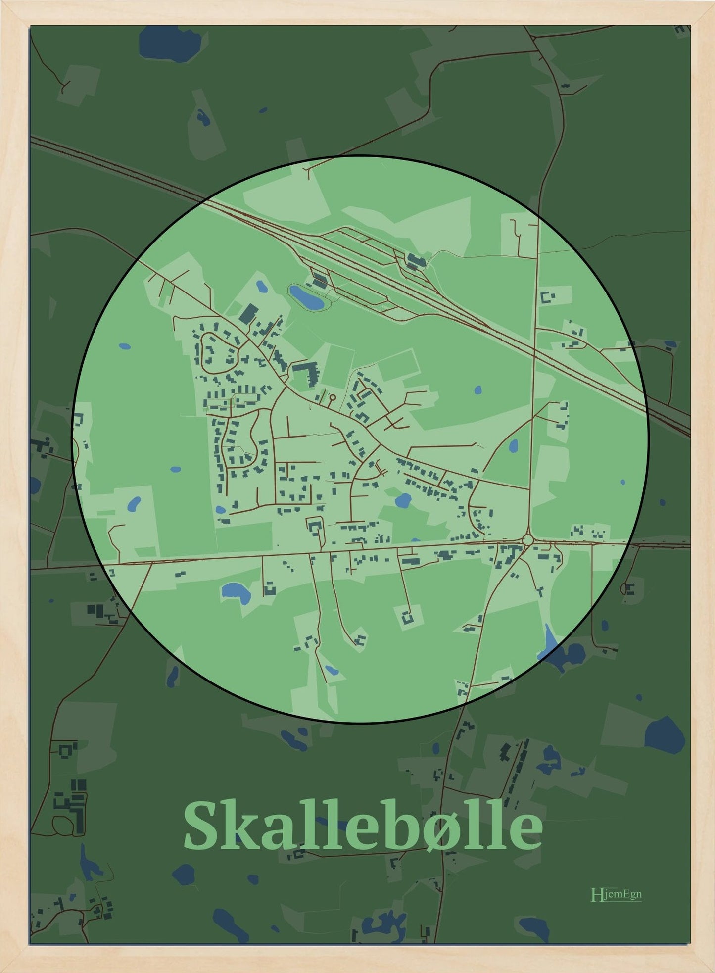 Skallebølle plakat i farve pastel grøn og HjemEgn.dk design centrum. Design bykort for Skallebølle