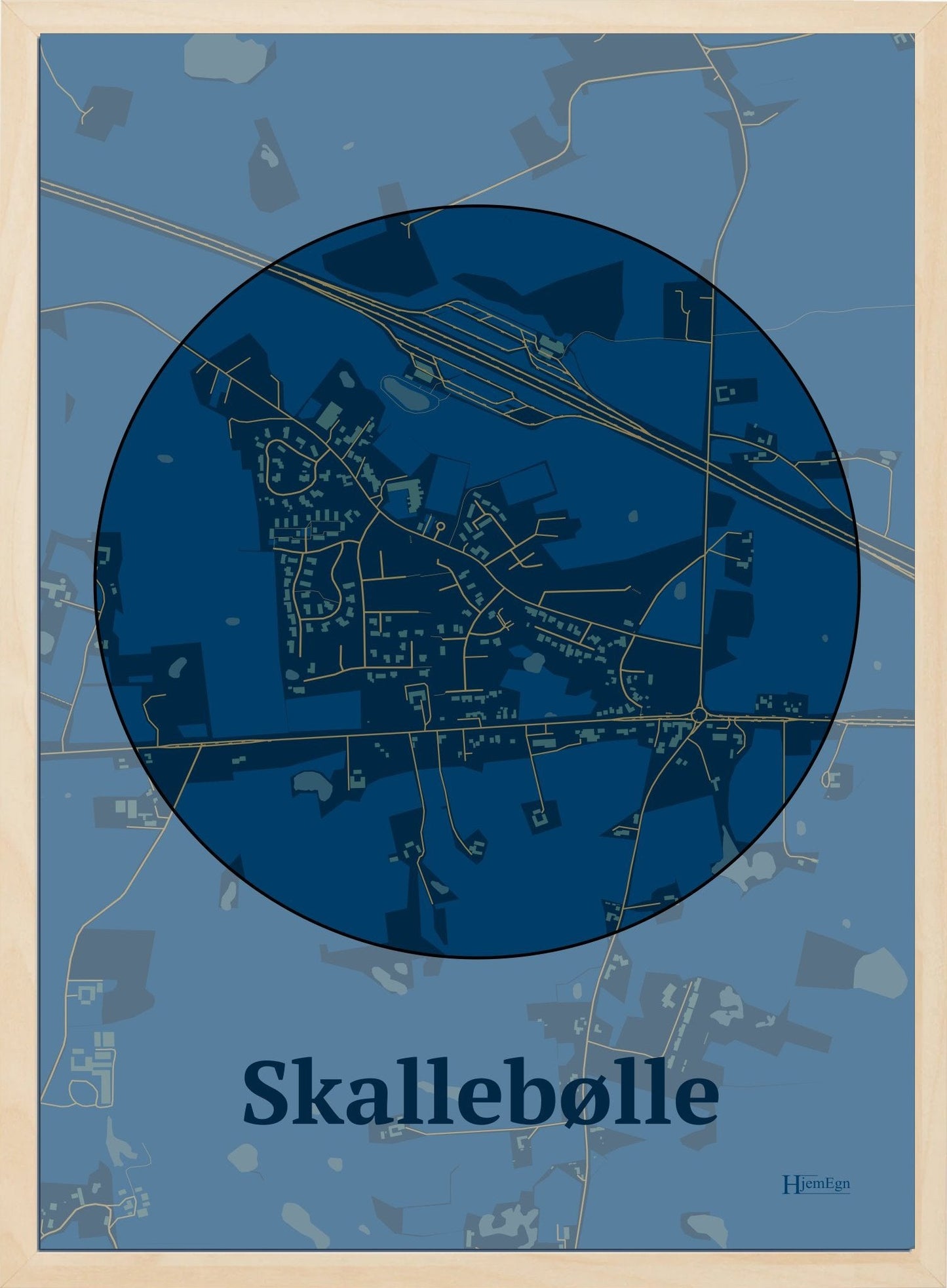 Skallebølle plakat i farve mørk blå og HjemEgn.dk design centrum. Design bykort for Skallebølle