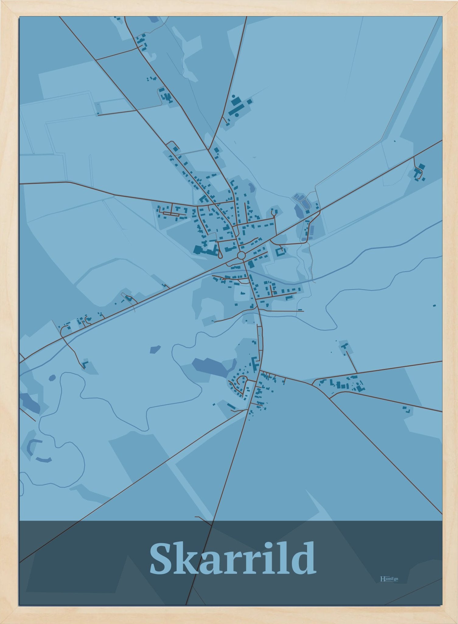 Skarrild plakat i farve pastel blå og HjemEgn.dk design firkantet. Design bykort for Skarrild