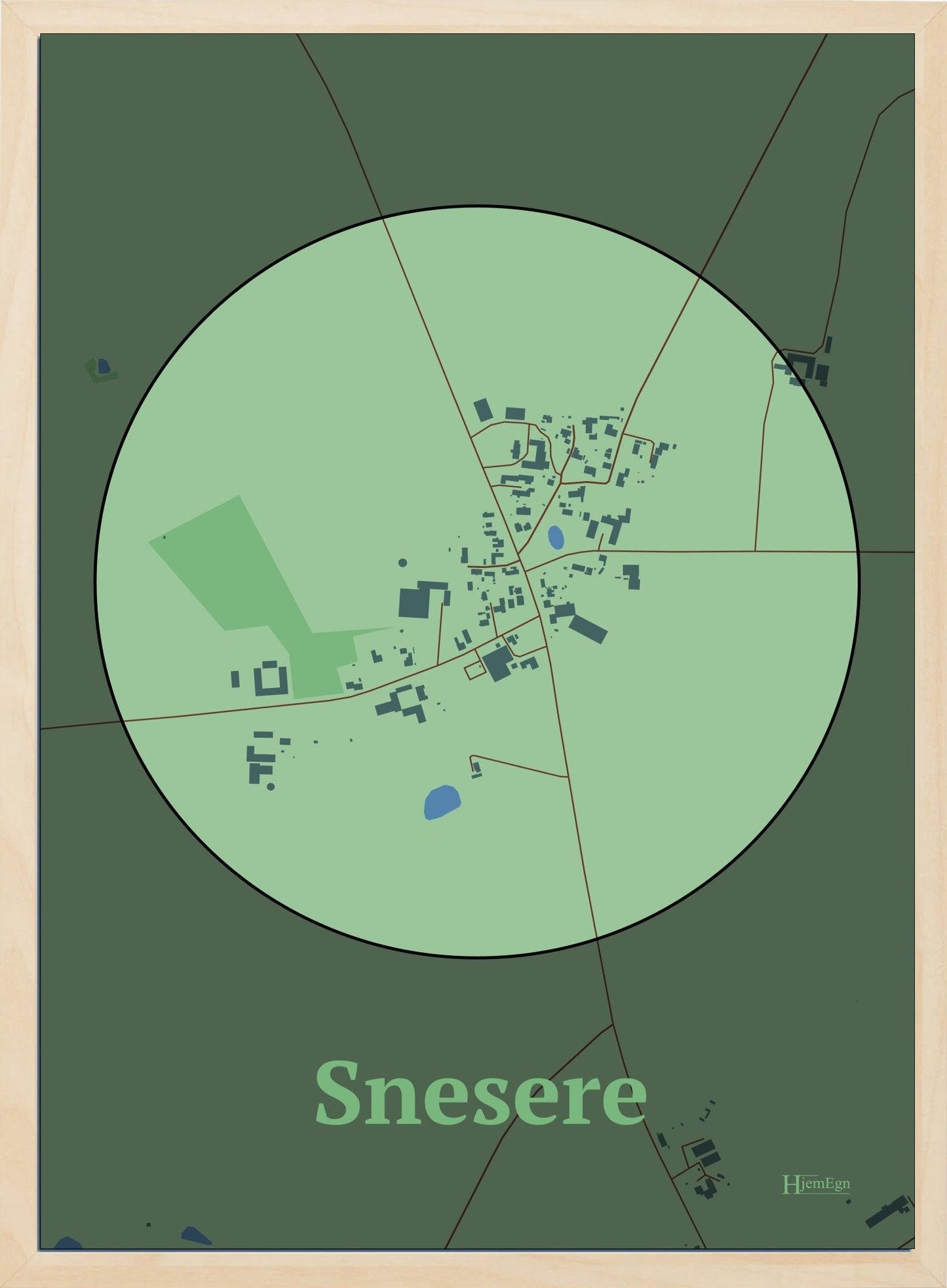 Snesere plakat i farve pastel grøn og HjemEgn.dk design centrum. Design bykort for Snesere