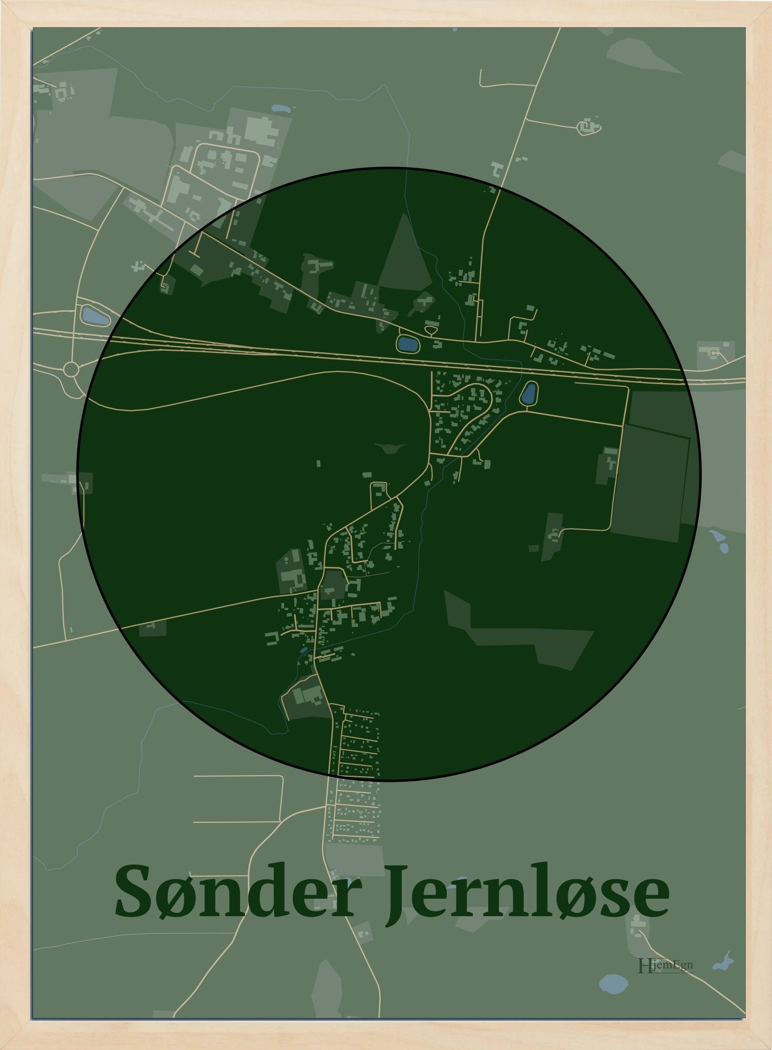 Sønder Jernløse plakat i farve mørk grøn og HjemEgn.dk design centrum. Design bykort for Sønder Jernløse