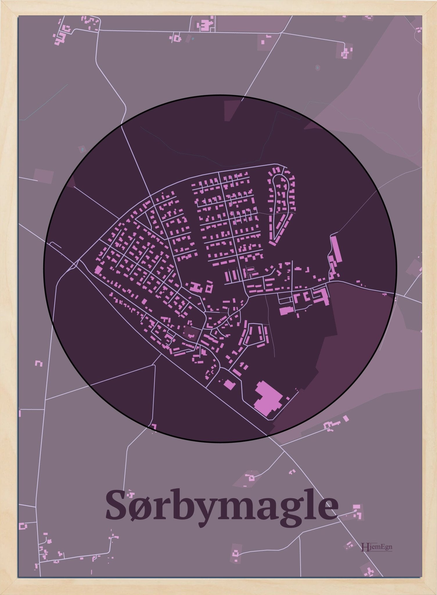 Sørbymagle plakat i farve mørk rød og HjemEgn.dk design centrum. Design bykort for Sørbymagle