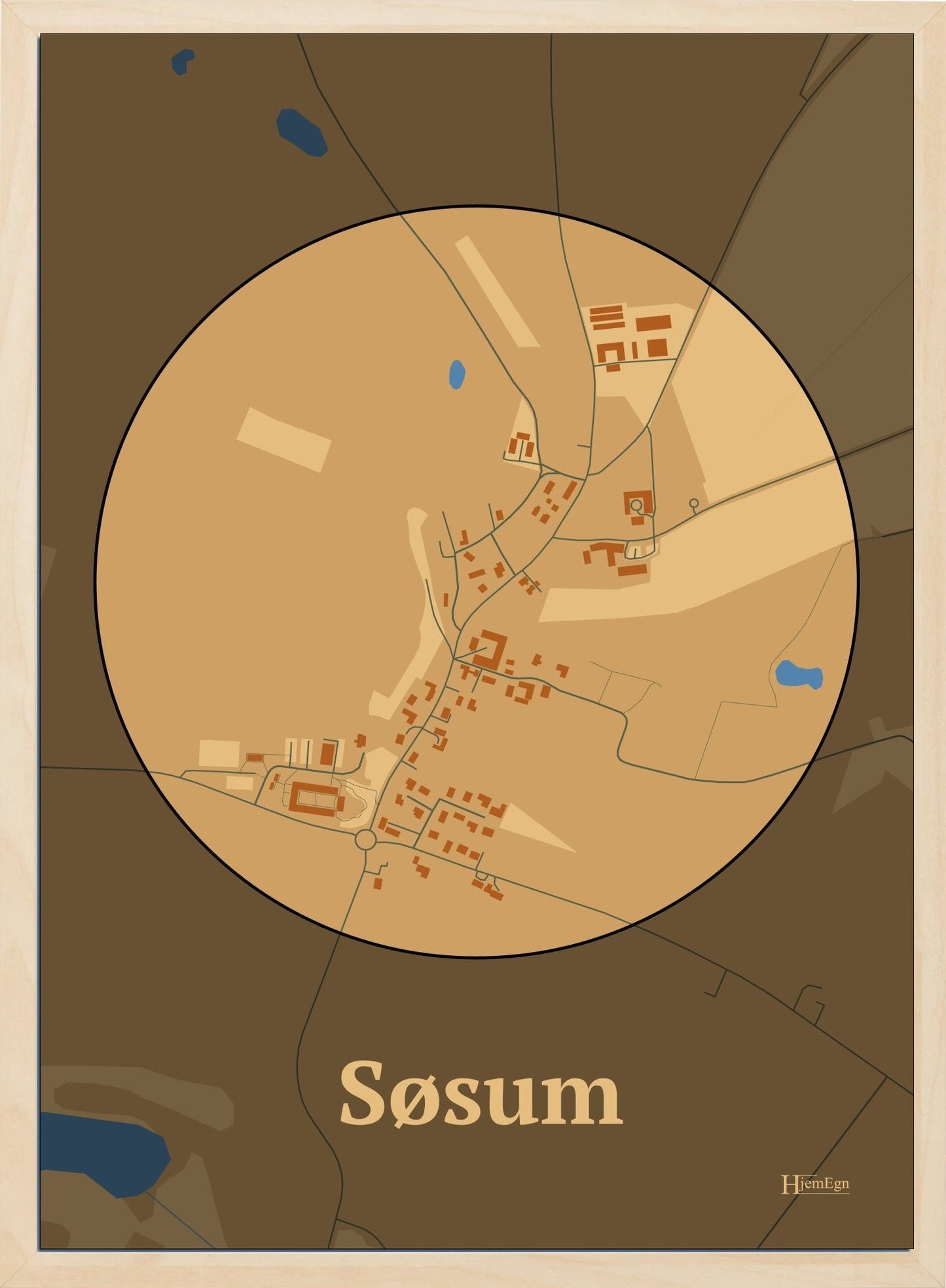 Søsum plakat i farve pastel brun og HjemEgn.dk design centrum. Design bykort for Søsum