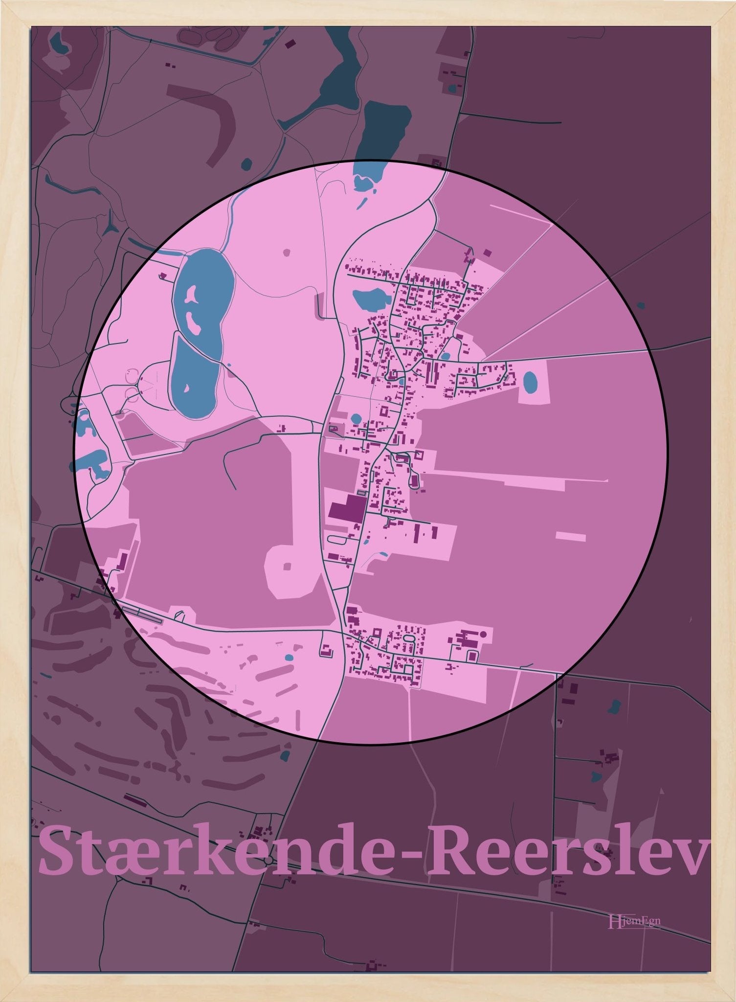 Stærkende-reerslev plakat i farve pastel rød og HjemEgn.dk design centrum. Design bykort for Stærkende-reerslev