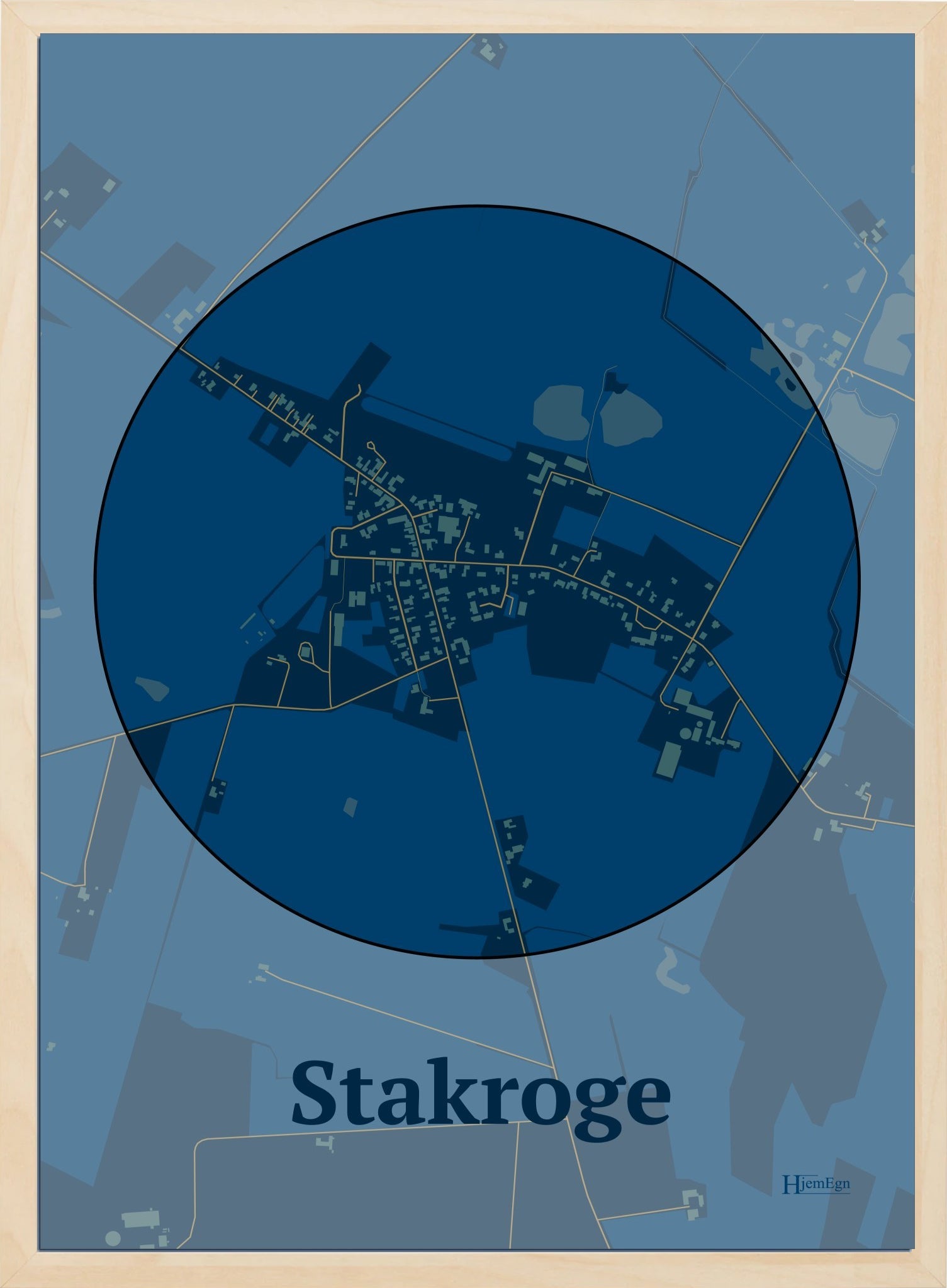 Stakroge plakat i farve mørk blå og HjemEgn.dk design centrum. Design bykort for Stakroge