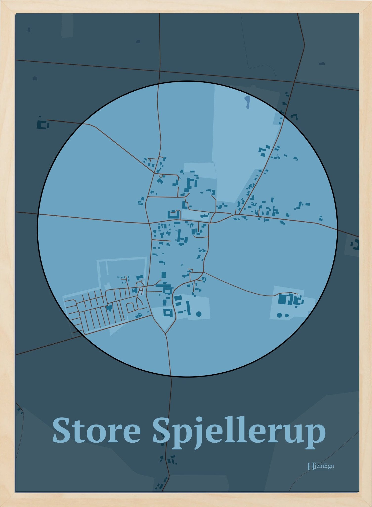 Store Spjellerup plakat i farve pastel blå og HjemEgn.dk design centrum. Design bykort for Store Spjellerup