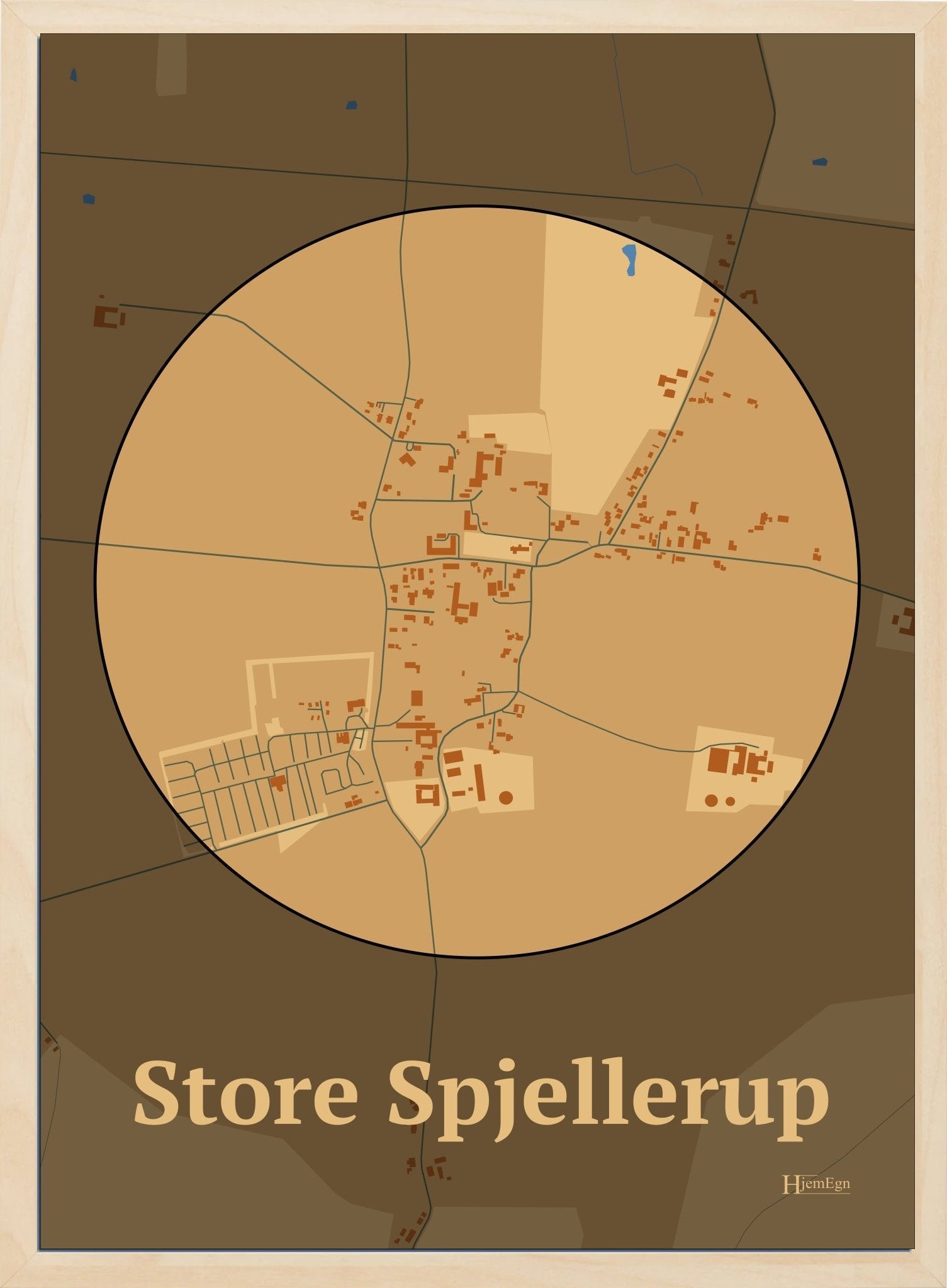 Store Spjellerup plakat i farve pastel brun og HjemEgn.dk design centrum. Design bykort for Store Spjellerup