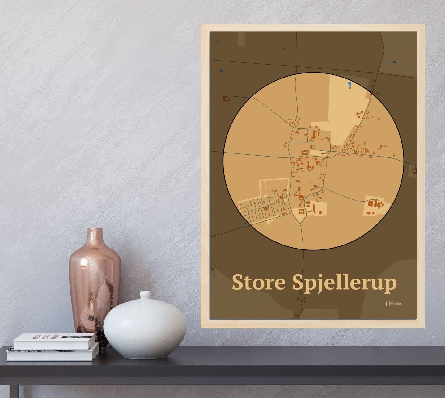 Store Spjellerup plakat i farve  og HjemEgn.dk design centrum. Design bykort for Store Spjellerup