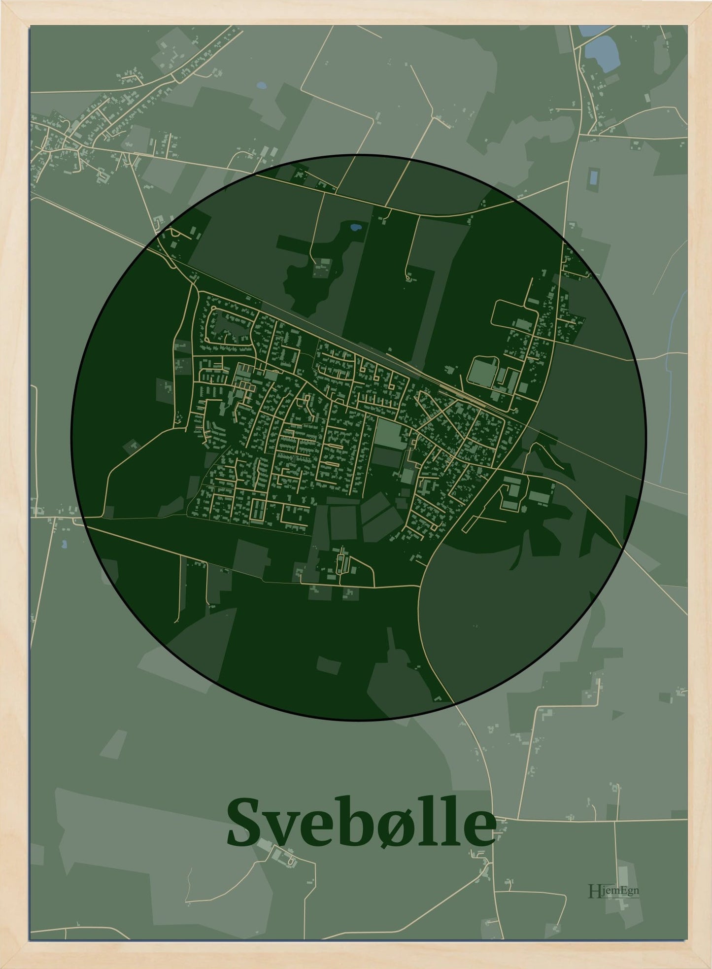 Svebølle plakat i farve mørk grøn og HjemEgn.dk design centrum. Design bykort for Svebølle